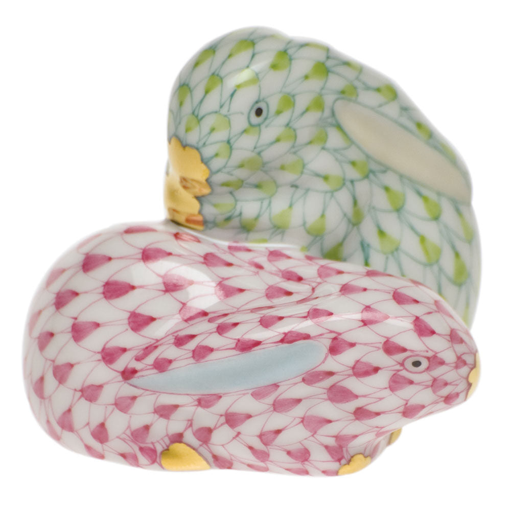 Key Lime-Raspberry fishnet Pair of Rabbits Figurine figurine, hand-painted Herend porcelain with 24k gold accents