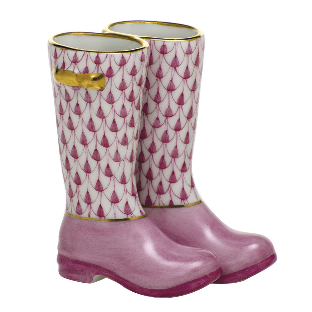 Pair of Rain Boots Figurine in hand-painted Raspberry porcelain by Herend of Hungary