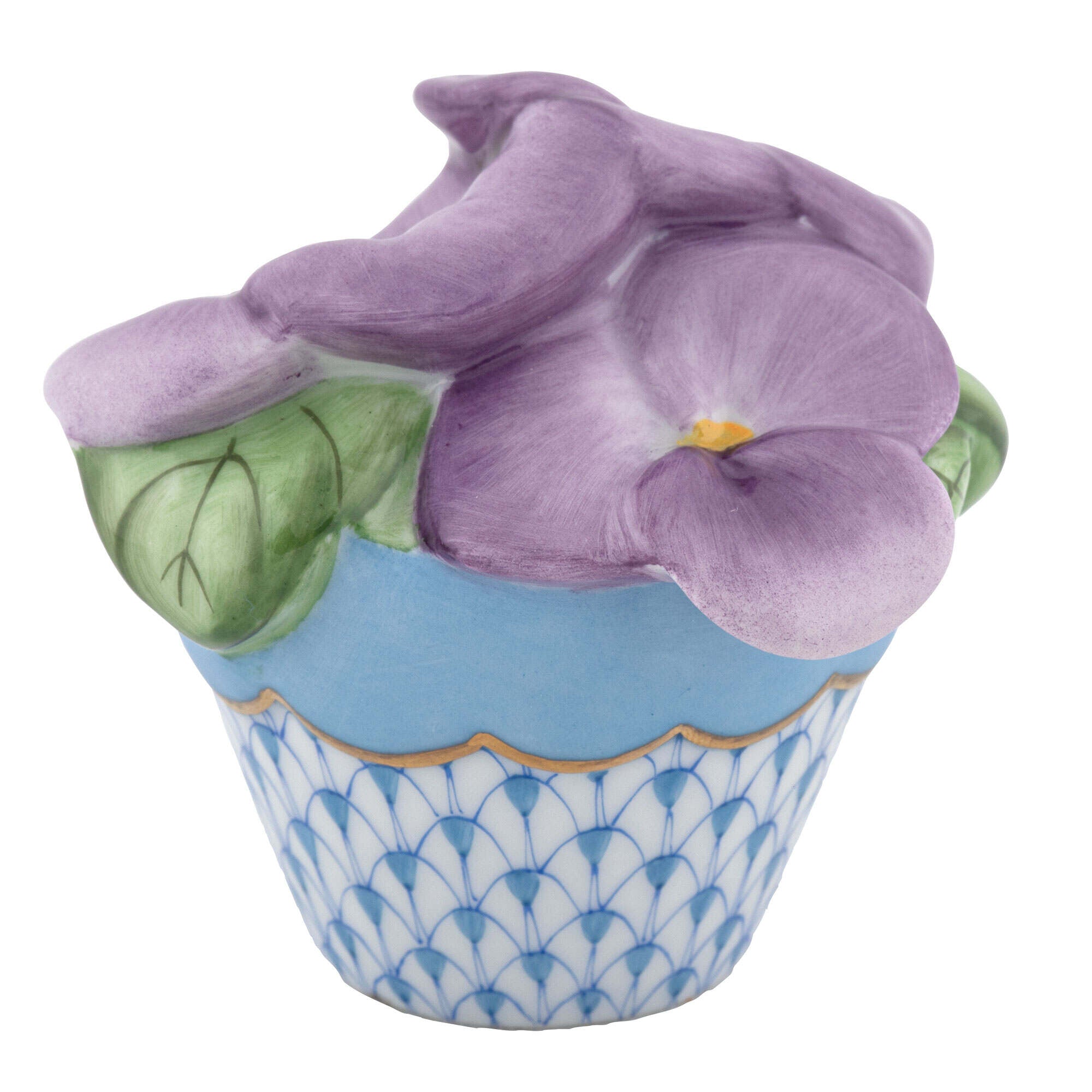 Pansies in Flowerpot Figurine in hand-painted Blue porcelain by Herend of Hungary