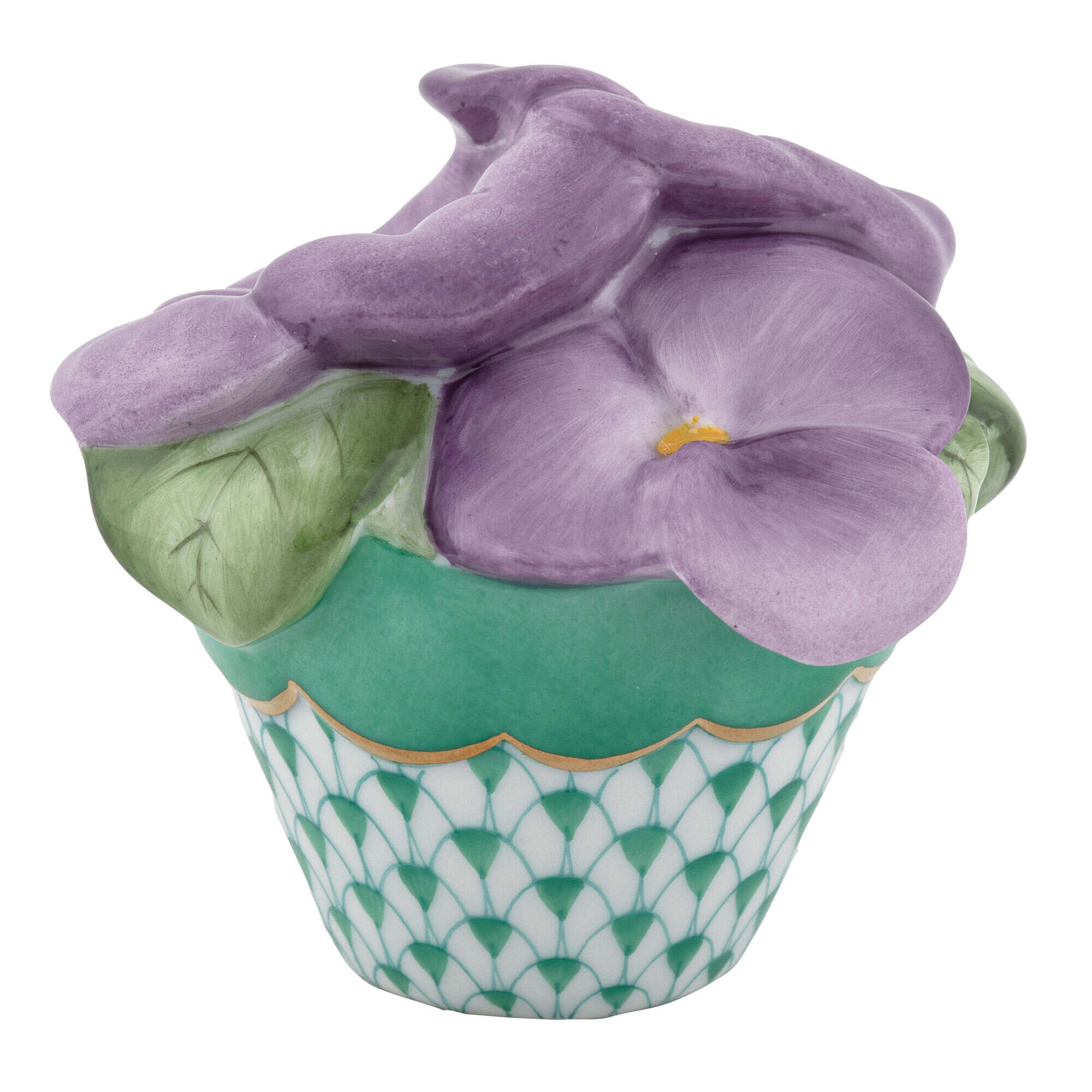 Hand-painted Herend Pansies in Flowerpot Figurine in Green fishnet porcelain on a white background