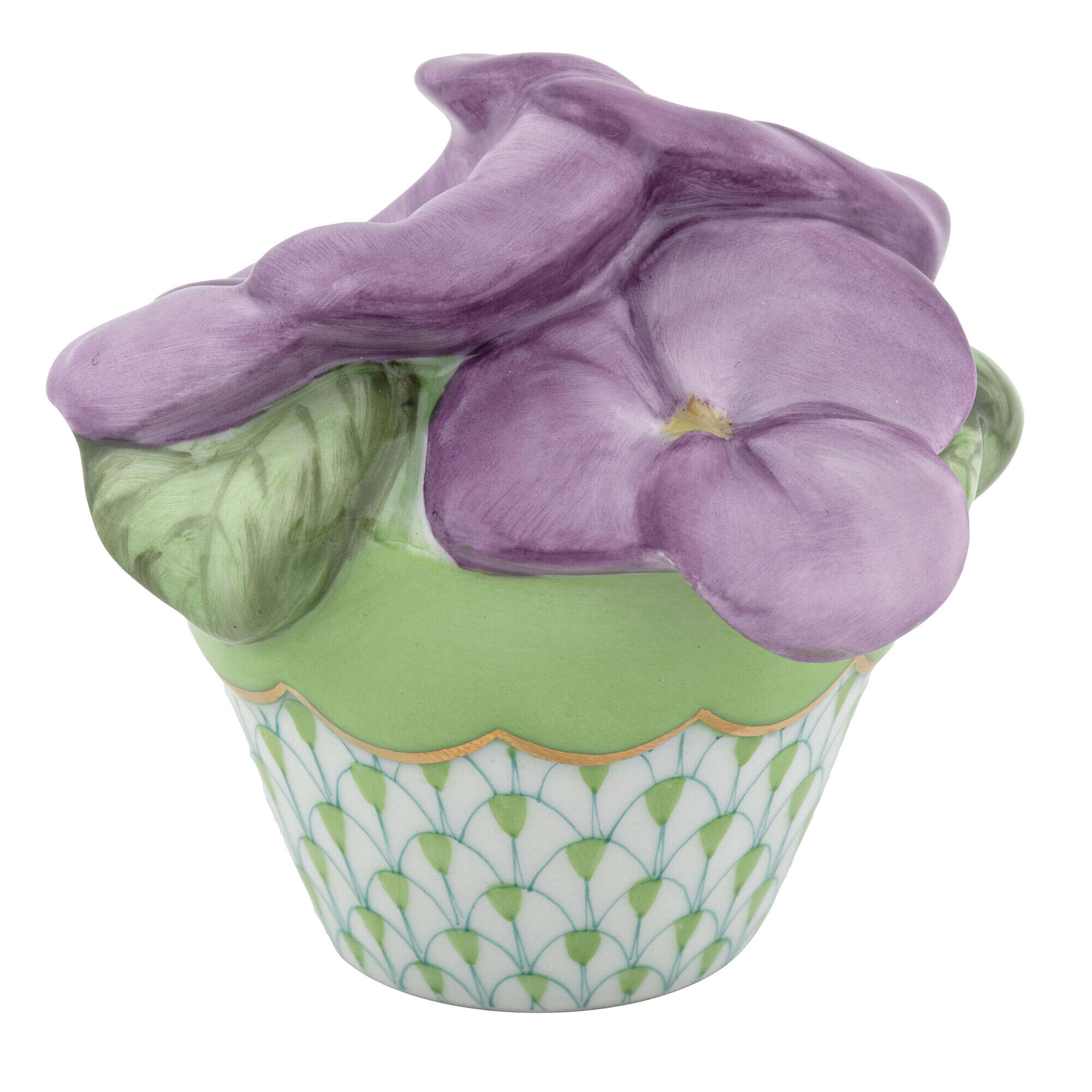 Hand-painted Herend Pansies in Flowerpot Figurine in Key Lime fishnet porcelain on a white background