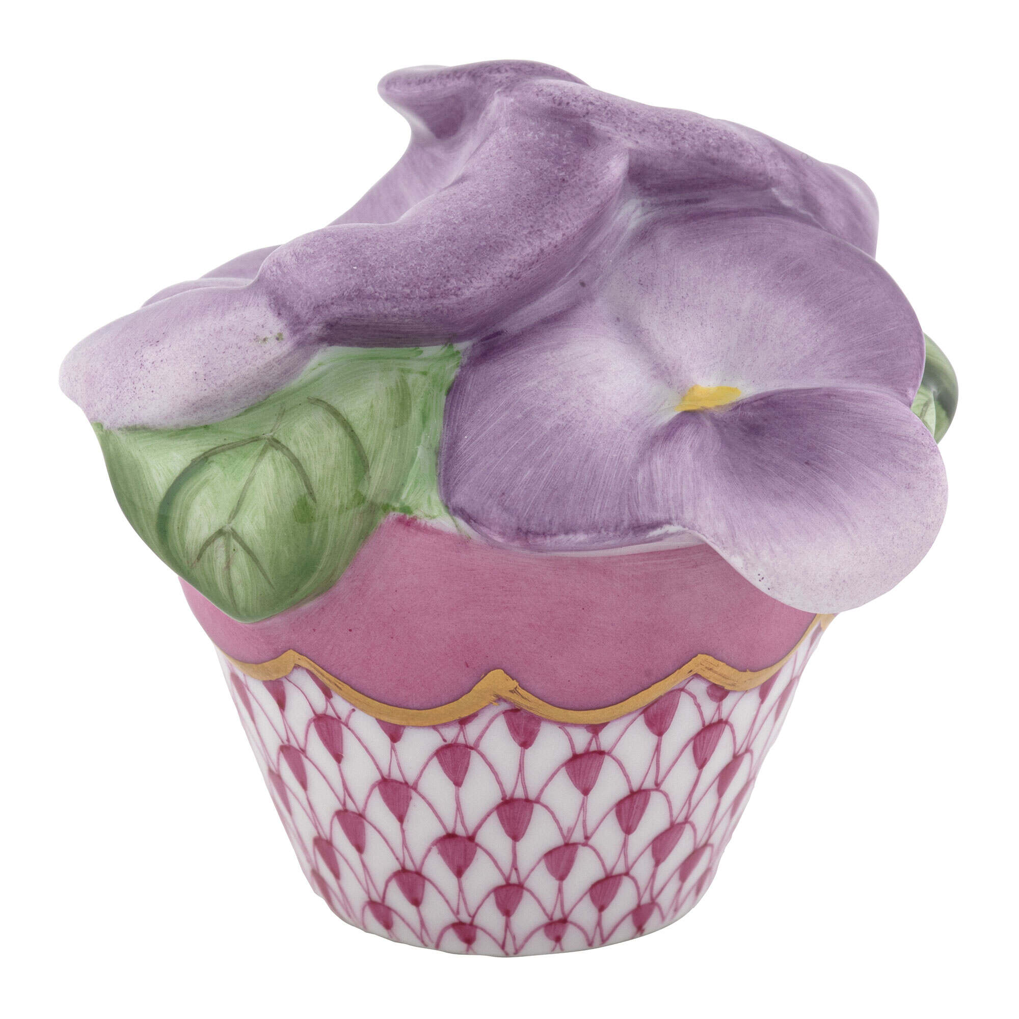 Raspberry fishnet Pansies in Flowerpot Figurine figurine, hand-painted Herend porcelain with 24k gold accents