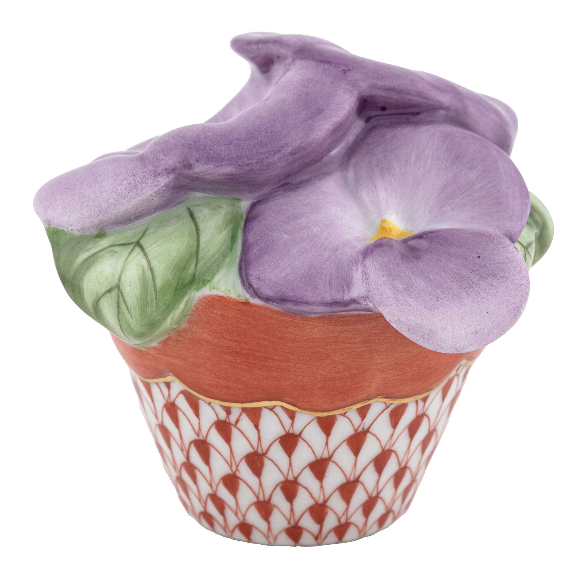 Hand-painted Herend Pansies in Flowerpot Figurine in Rust fishnet porcelain on a white background