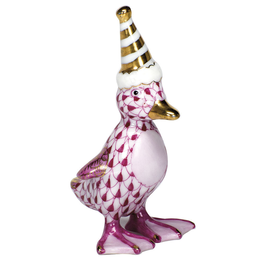 Party Duckling Figurine in hand-painted Raspberry porcelain by Herend of Hungary