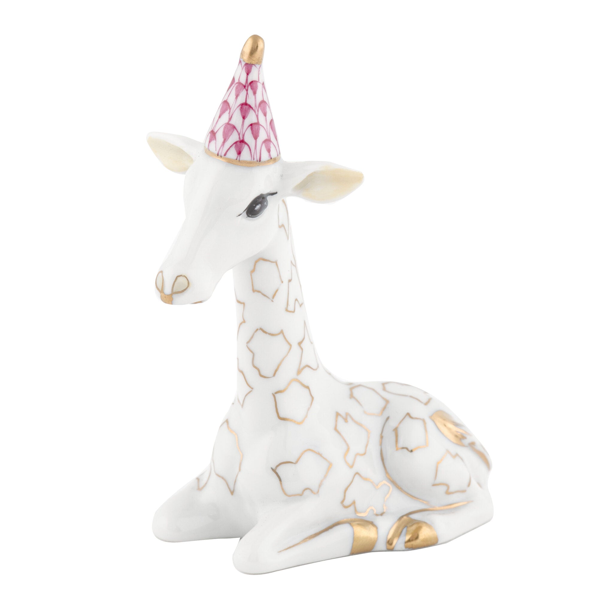 Herend Party Giraffe Figurine porcelain figurine painted in the Raspberry fishnet pattern