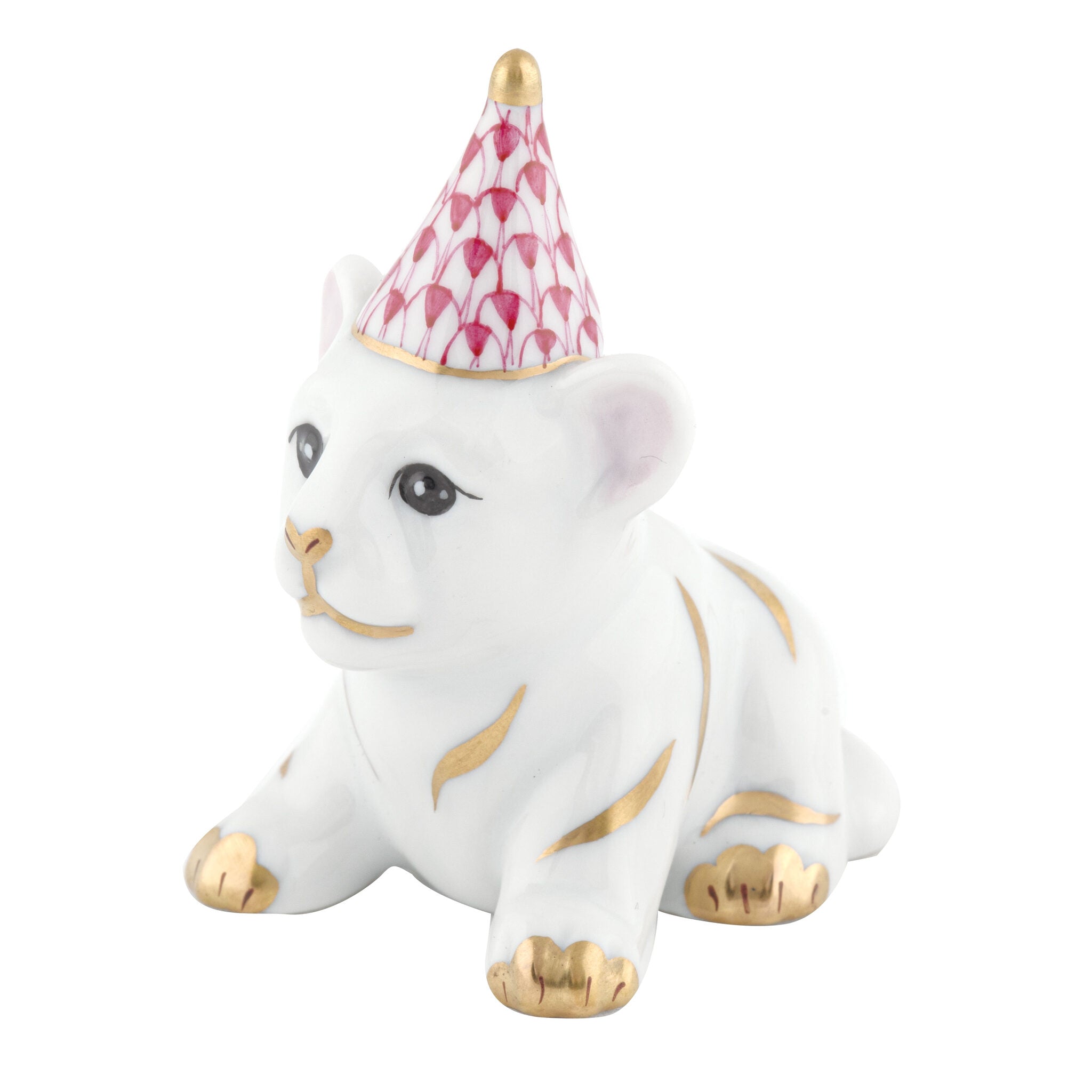Hand-painted Herend Party Tiger Figurine in Raspberry fishnet porcelain on a white background