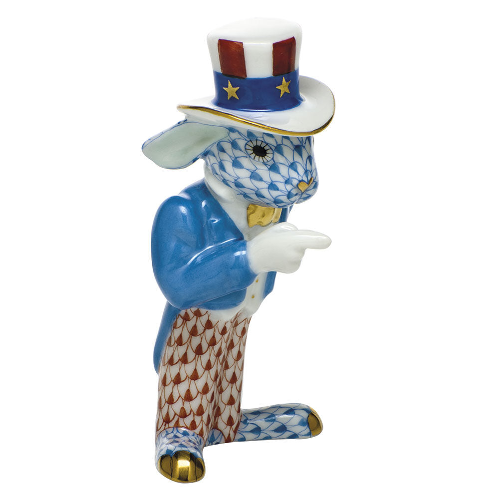 Hand-painted Herend Patriotic Bunny Figurine in fine porcelain, 1.75in L X 3.25in H, on a white background