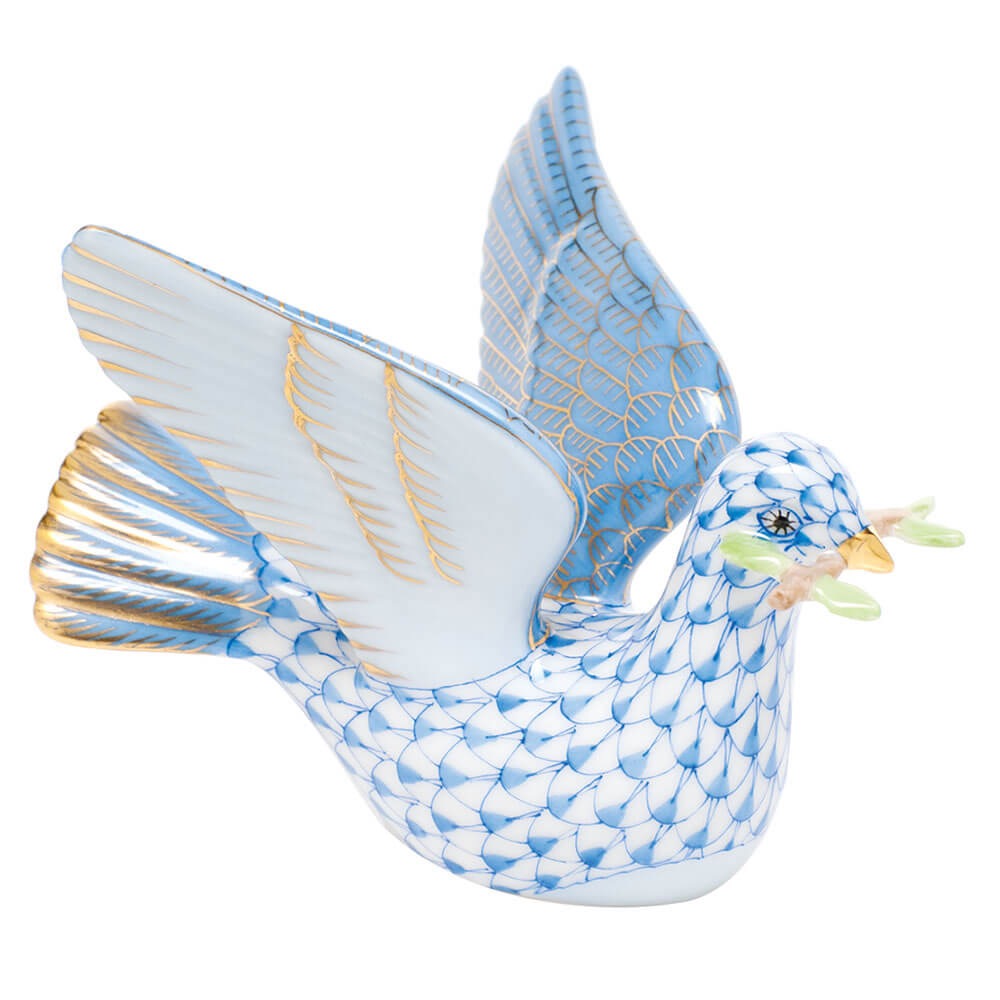Hand-painted Herend Peace Dove with Branch Figurine in fine porcelain, 4in L X 3in H, on a white background