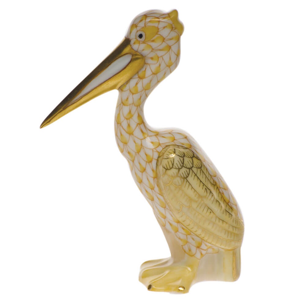 Herend Pelican Figurine porcelain figurine painted in the Butterscotch fishnet pattern