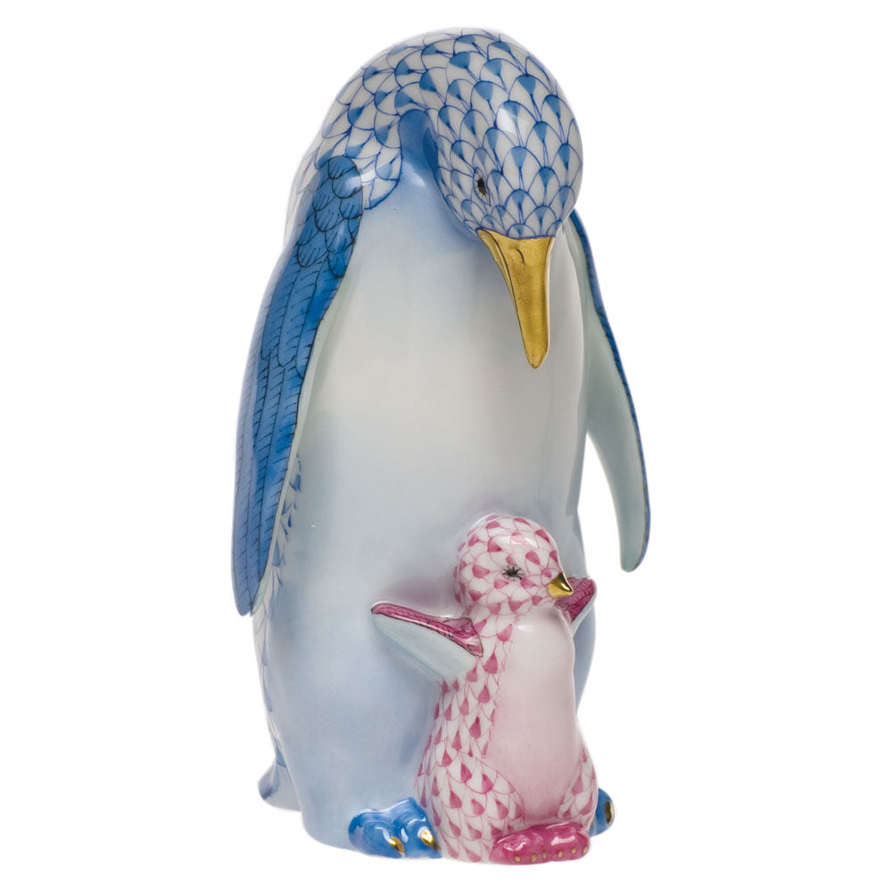 Hand-painted Herend Penguin with Baby Figurine in fine porcelain, 4.75in H, on a white background