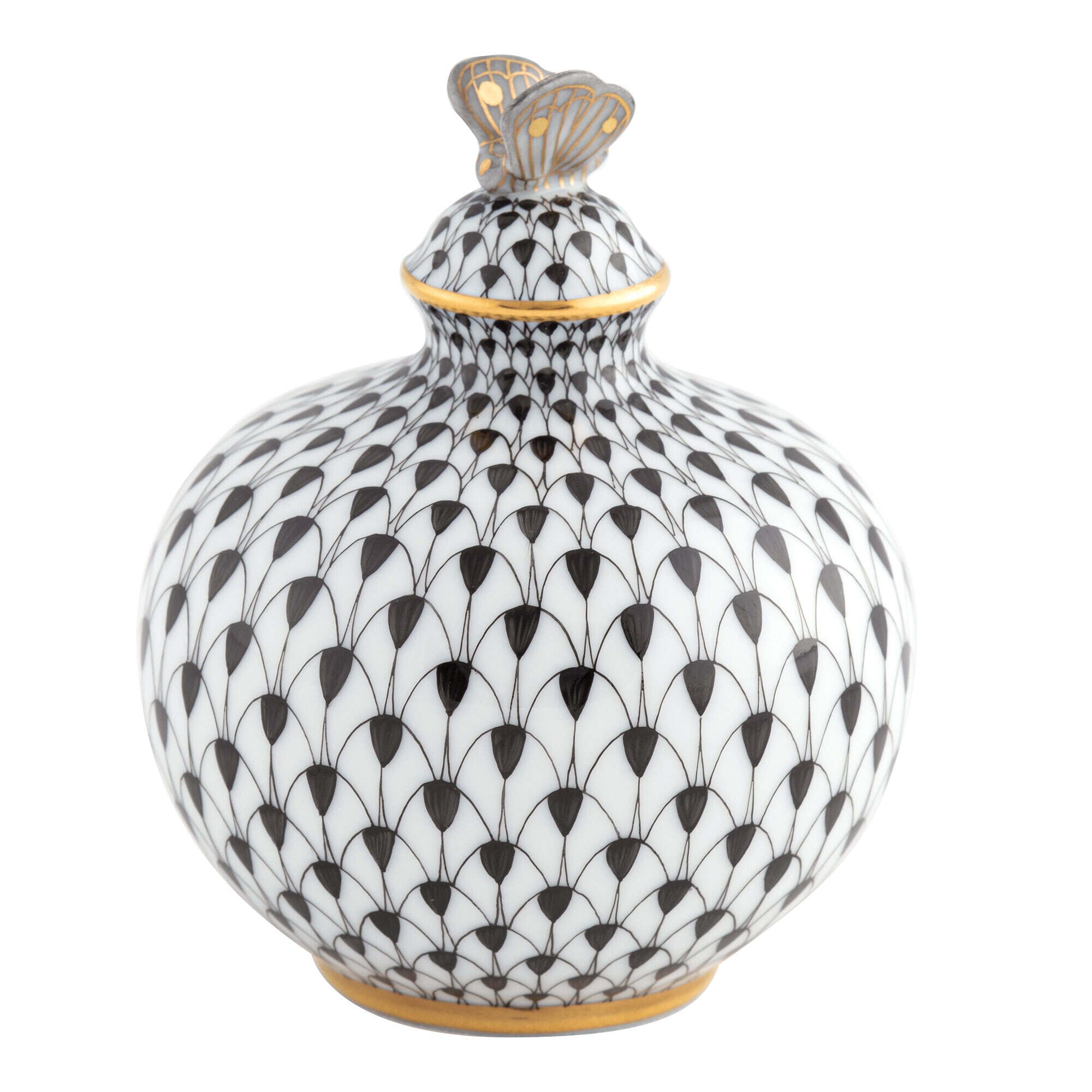 Herend Perfume Bottle Figurine porcelain figurine painted in the Black fishnet pattern