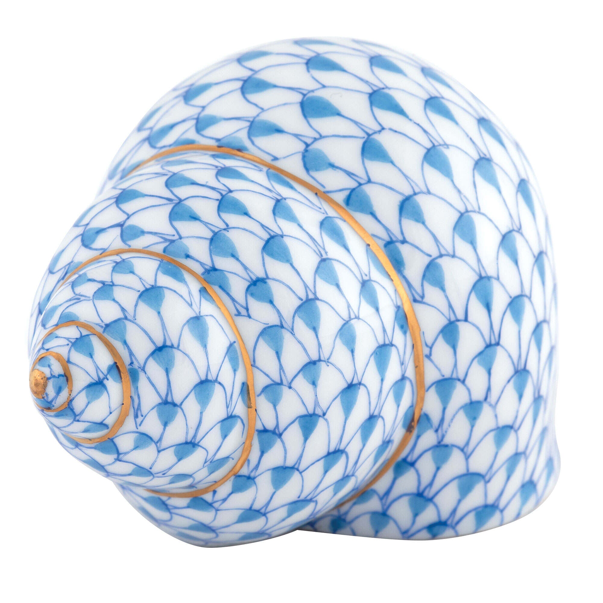 Hand-painted Herend Periwinkle Shell Figurine in Blue fishnet porcelain on a white background