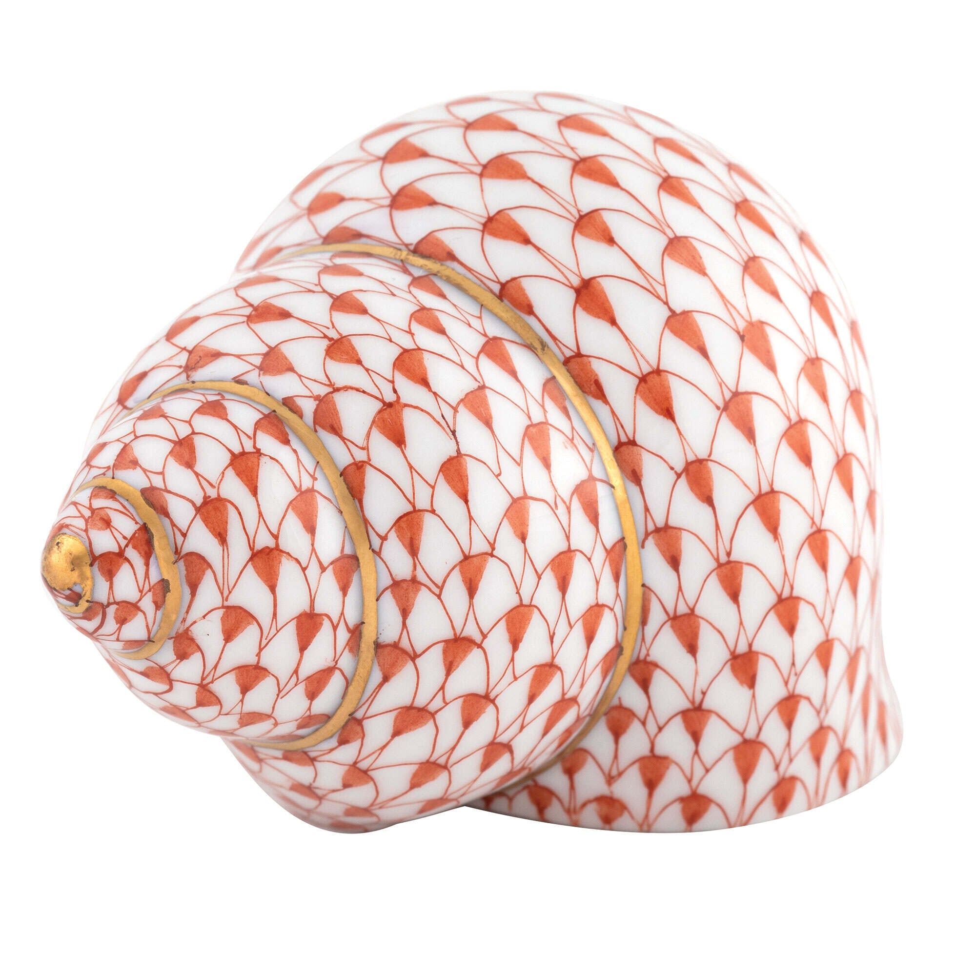 Hand-painted Herend Periwinkle Shell Figurine in Rust fishnet porcelain on a white background