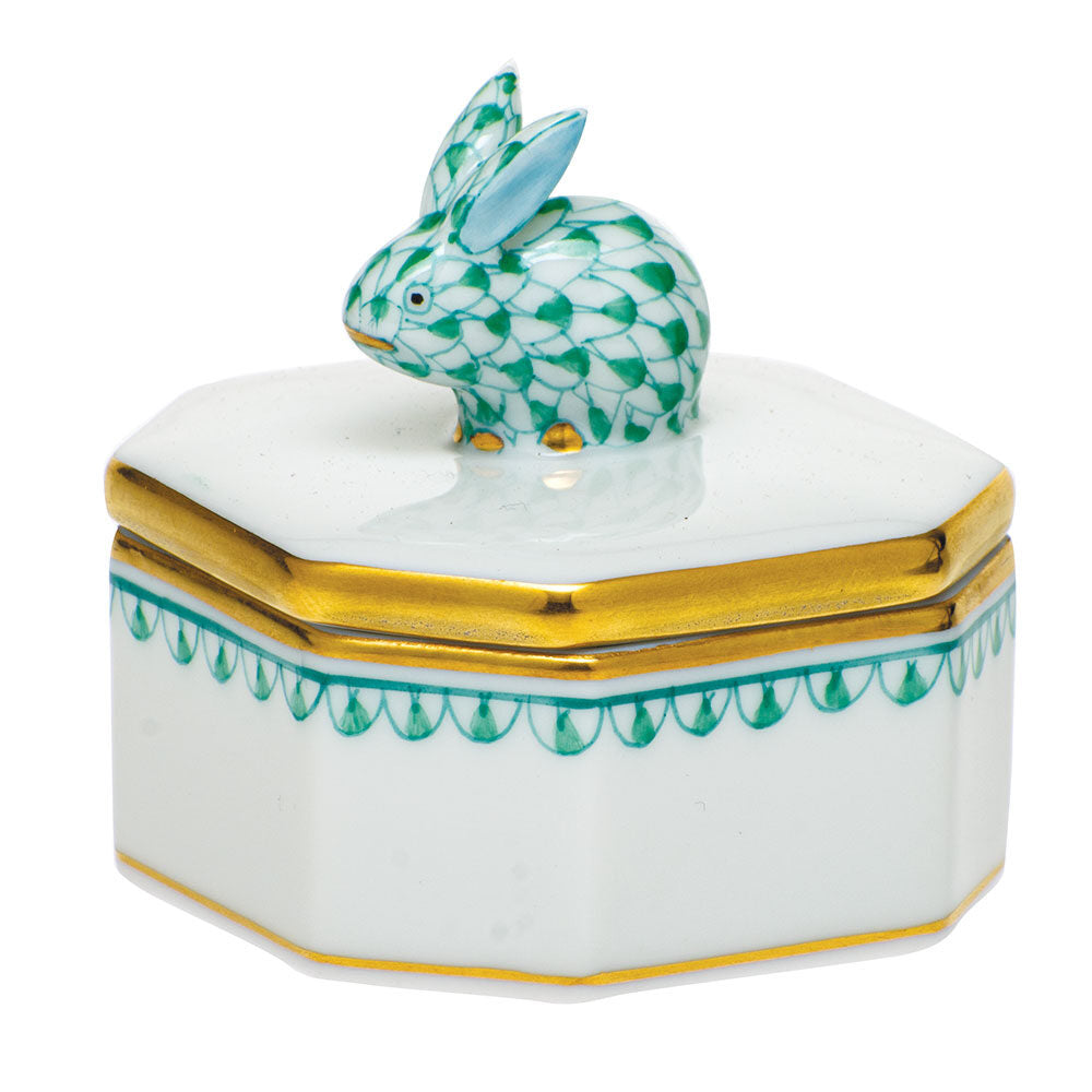 Green fishnet Petite Octagonal Box figurine, hand-painted Herend porcelain with 24k gold accents