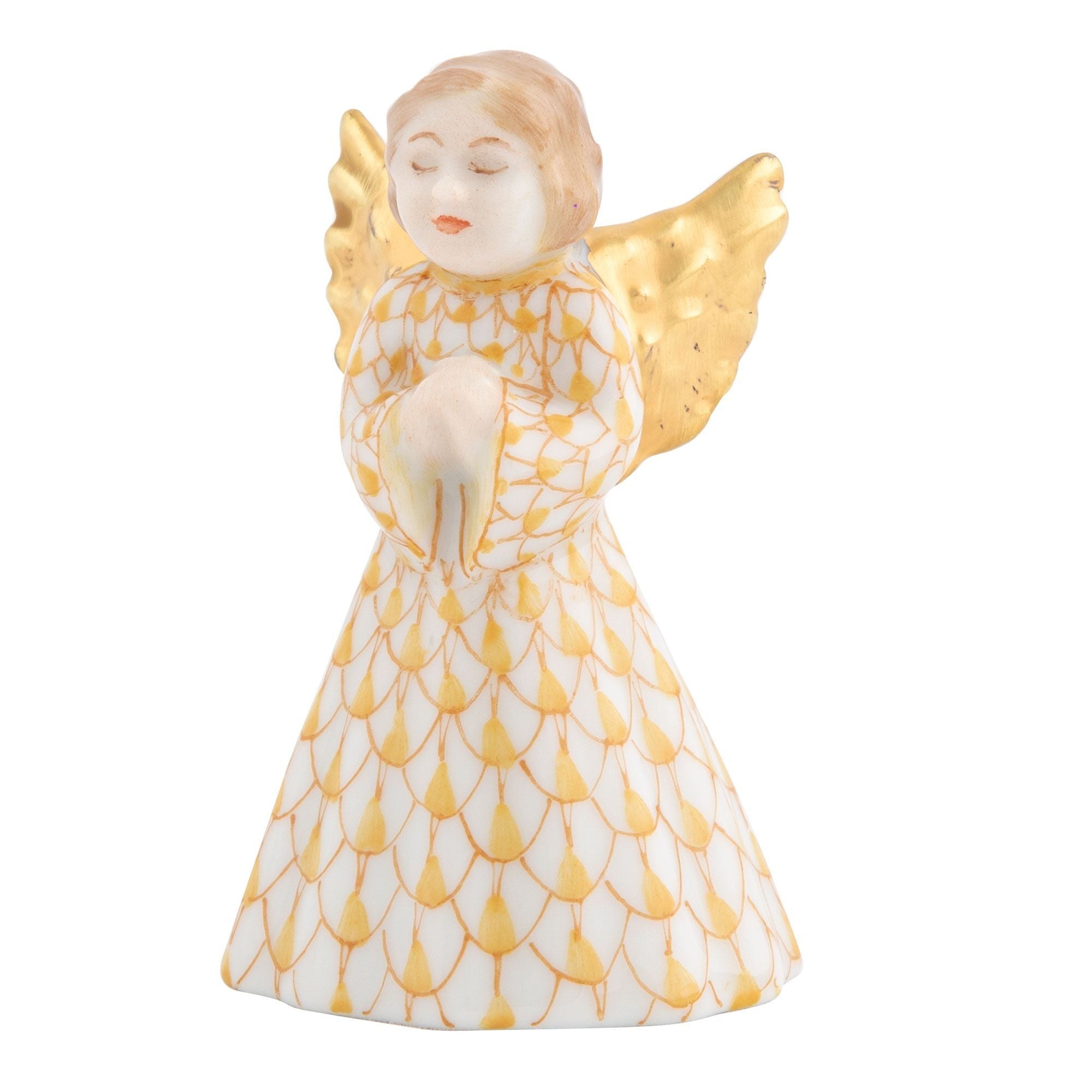 Hand-painted Herend Petite Praying Angel Figurine in Butterscotch fishnet porcelain on a white background