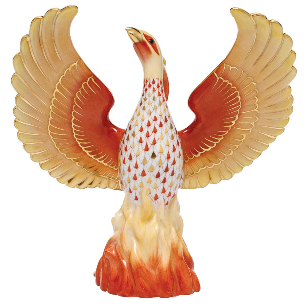 Hand-painted Herend Phoenix Figurine in fine porcelain, 5.75in L X 7.25in H, on a white background