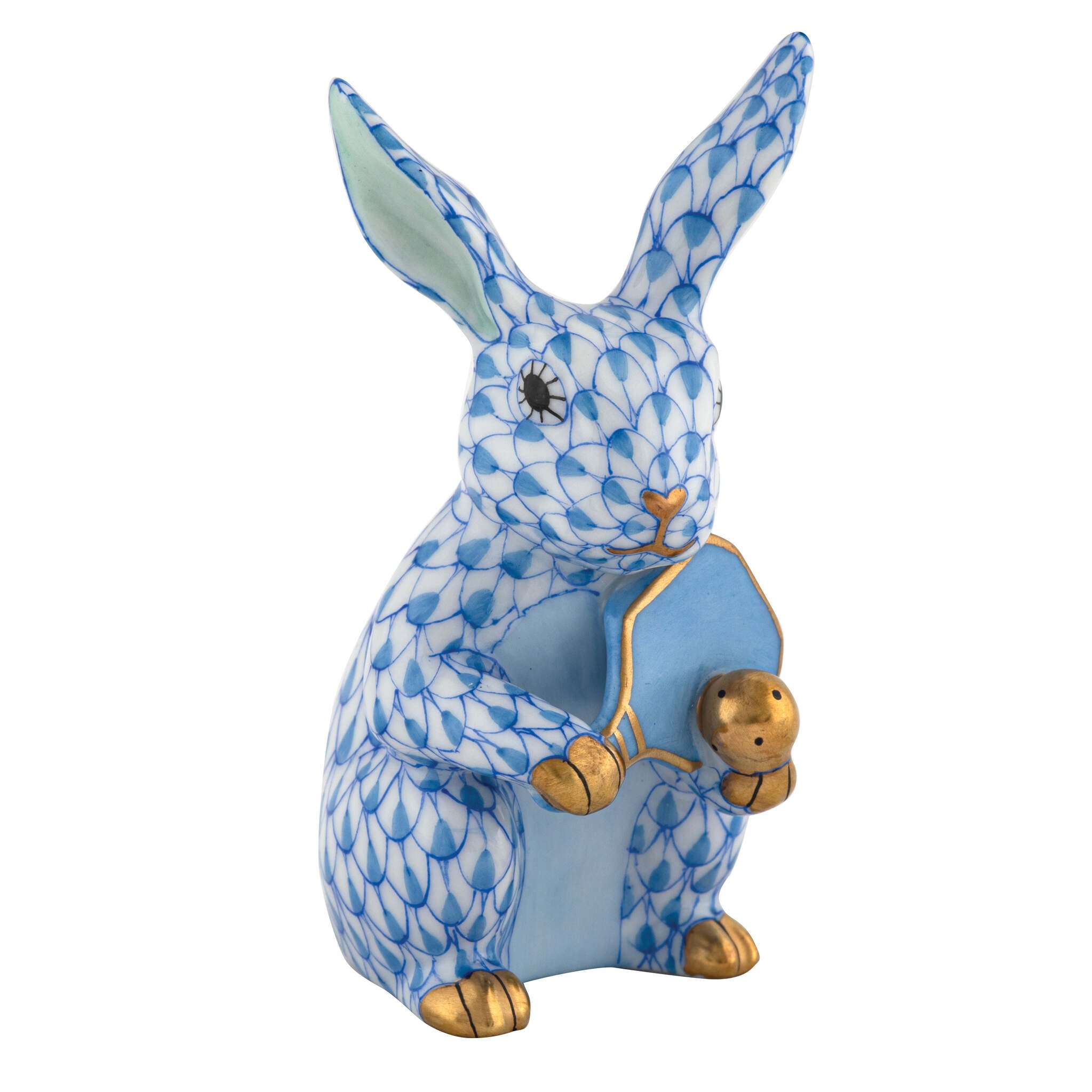 Hand-painted Herend Pickleball Bunny Figurine in Blue fishnet porcelain on a white background