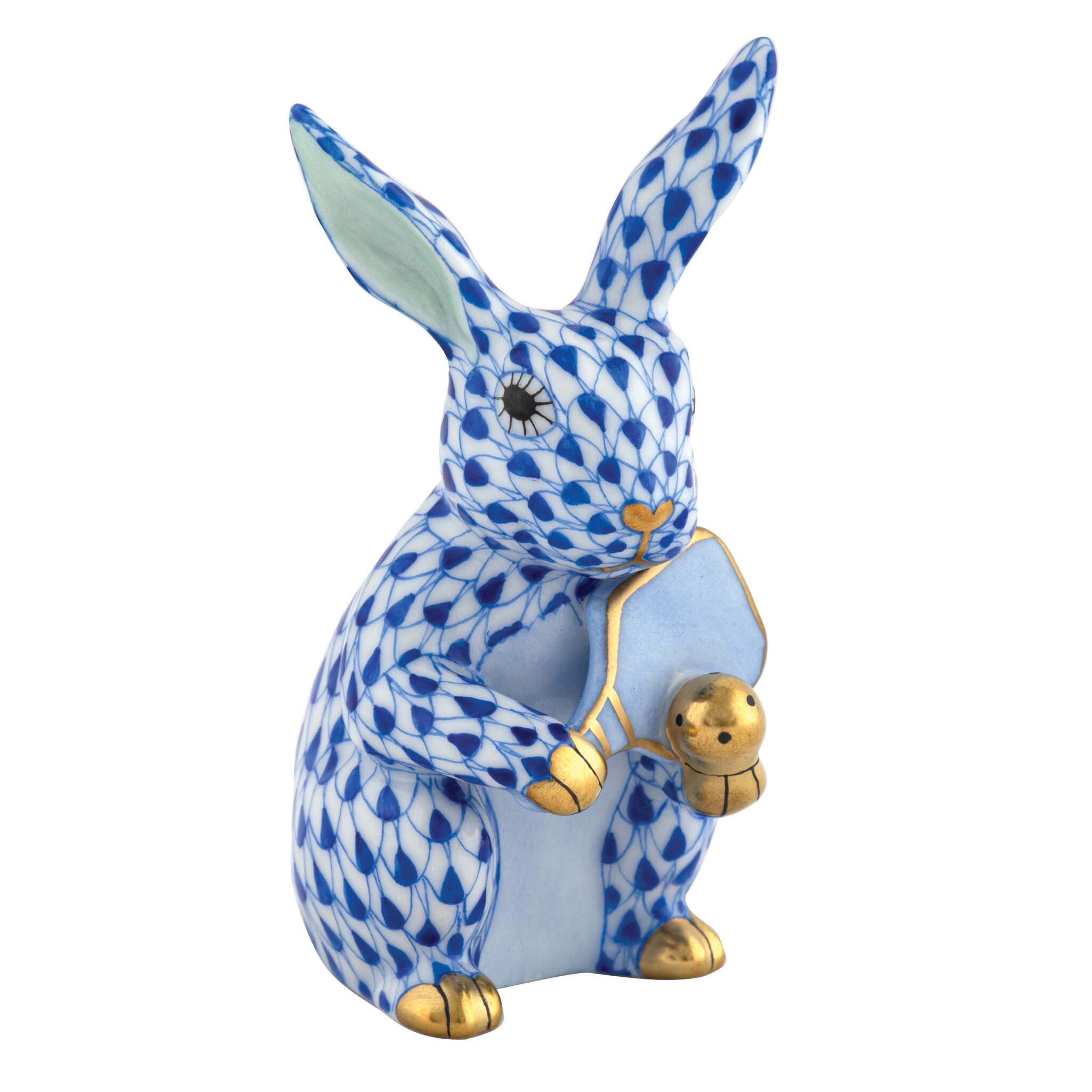 Sapphire fishnet Pickleball Bunny Figurine figurine, hand-painted Herend porcelain with 24k gold accents