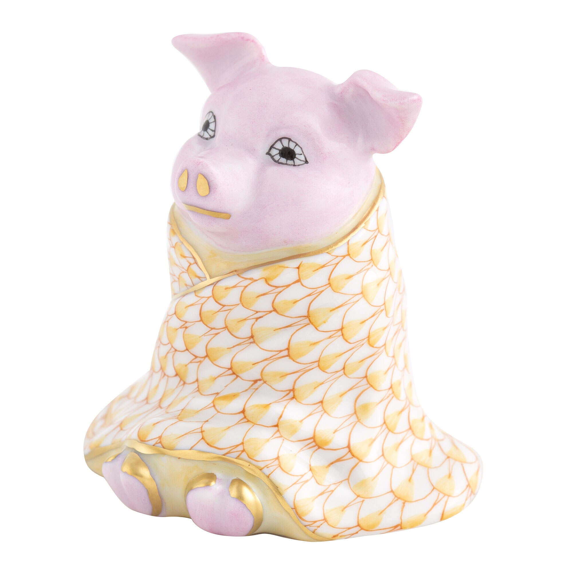 Butterscotch fishnet Pig in a Blanket Figurine figurine, hand-painted Herend porcelain with 24k gold accents