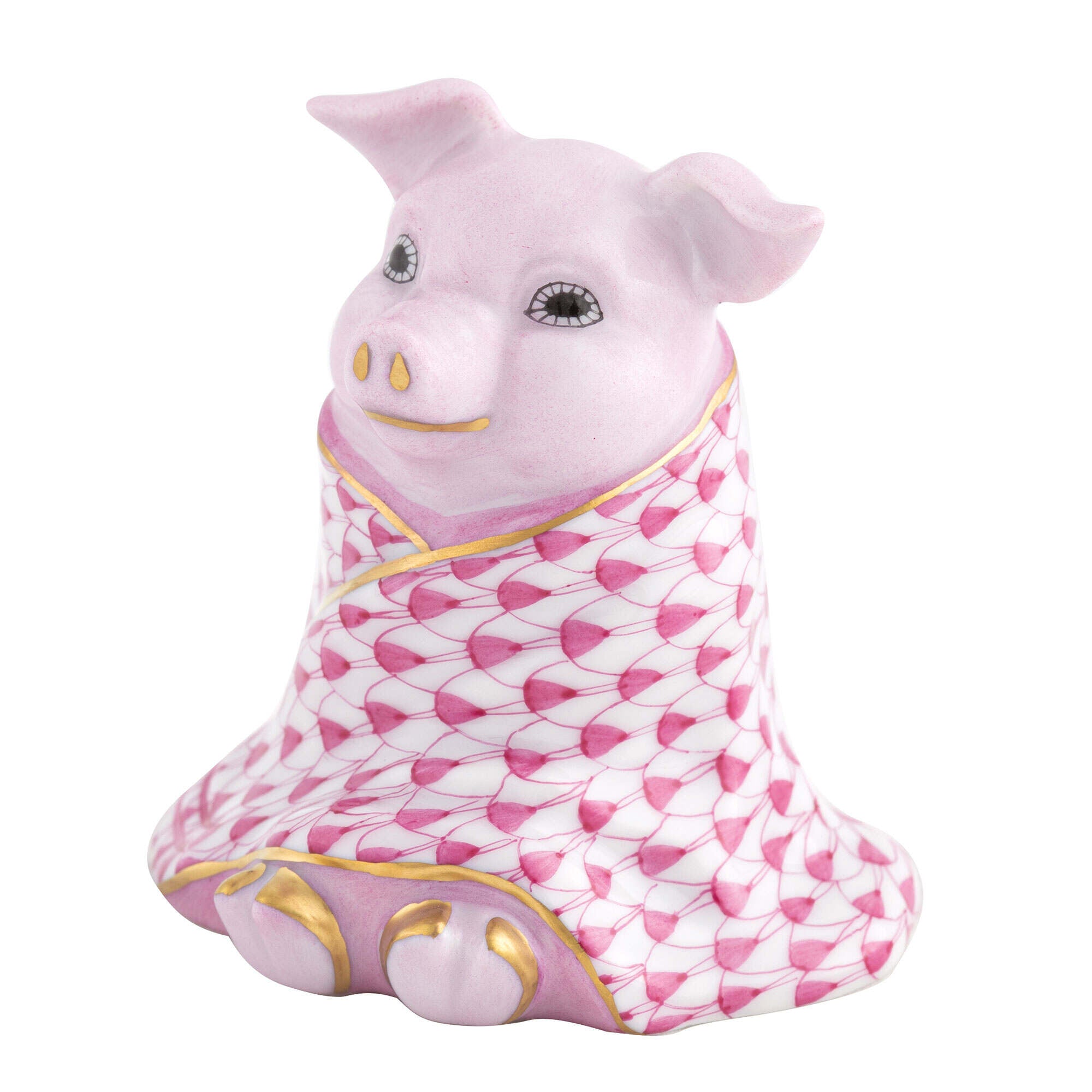 Hand-painted Herend Pig in a Blanket Figurine in Raspberry fishnet porcelain on a white background