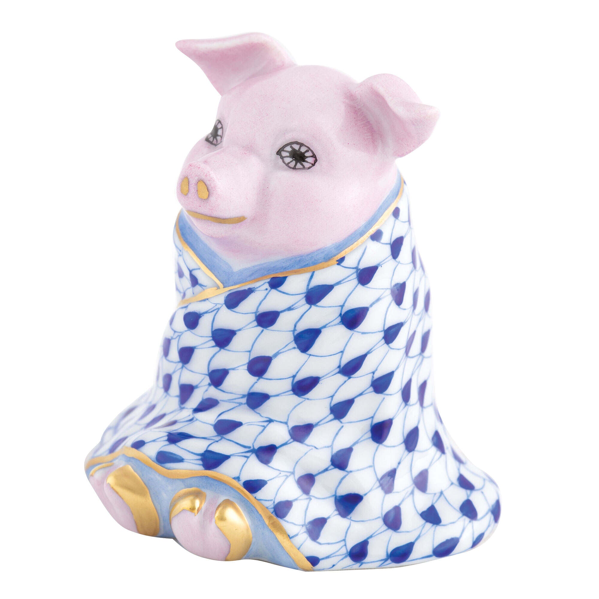 Hand-painted Herend Pig in a Blanket Figurine in Sapphire fishnet porcelain on a white background