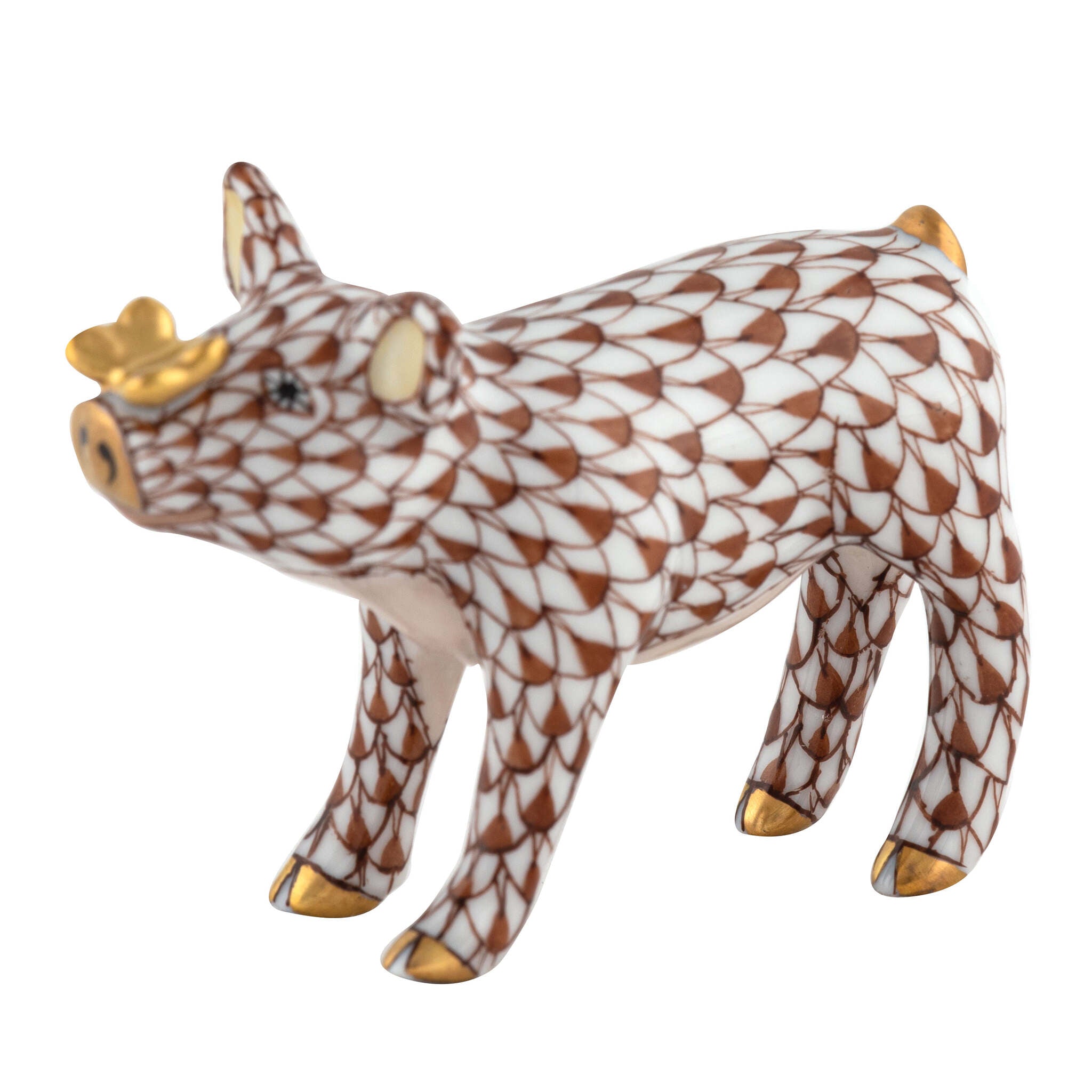 Hand-painted Herend Pig with Butterfly Figurine in Chocolate fishnet porcelain on a white background