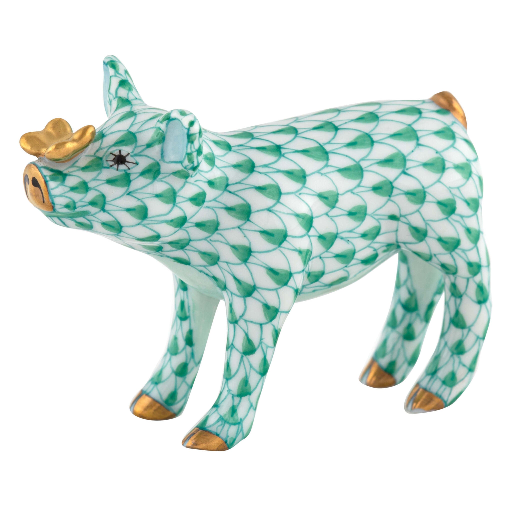 Green fishnet Pig with Butterfly Figurine figurine, hand-painted Herend porcelain with 24k gold accents
