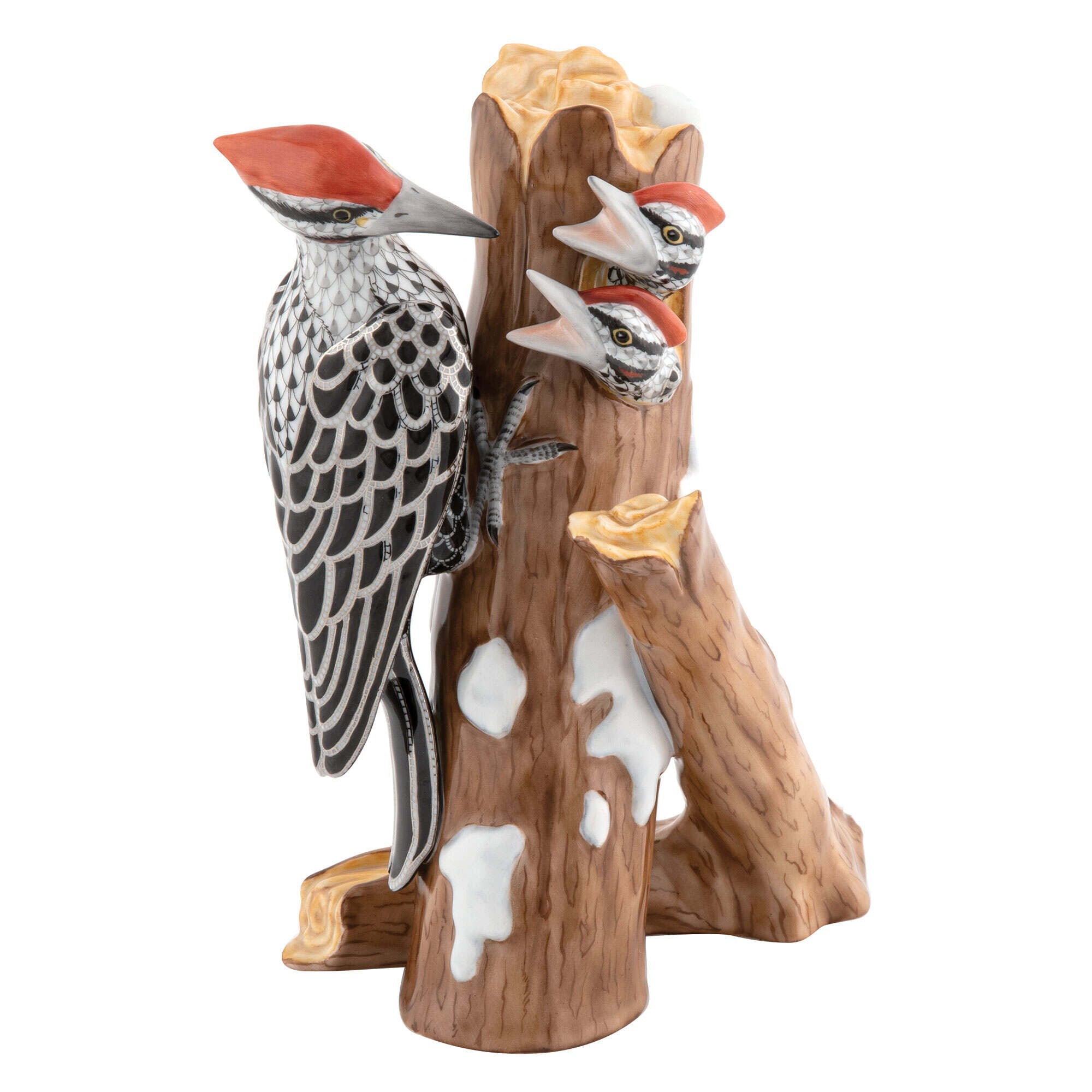 Hand-painted Herend Pileated Woodpecker Figurine in fine porcelain, 5.5in L X 4in W X 7in H, on a white background