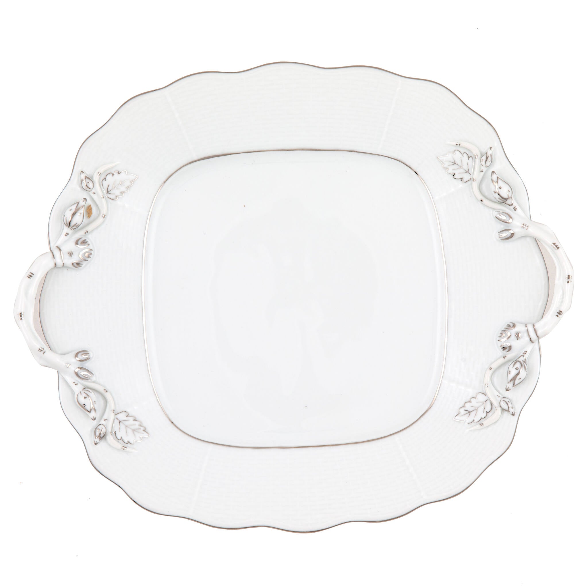 Hand-painted Herend Platinum Edge Square Cake Plate with Handles in fine porcelain, 9.5in SQ, on a white background