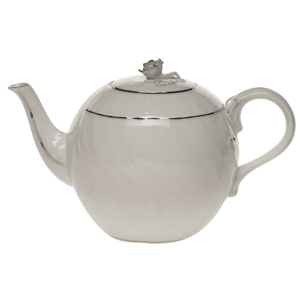 Hand-painted Herend Platinum Edge Tea Pot with Rose Teapot in fine porcelain, (36 OZ) 5.5in H, on a white background