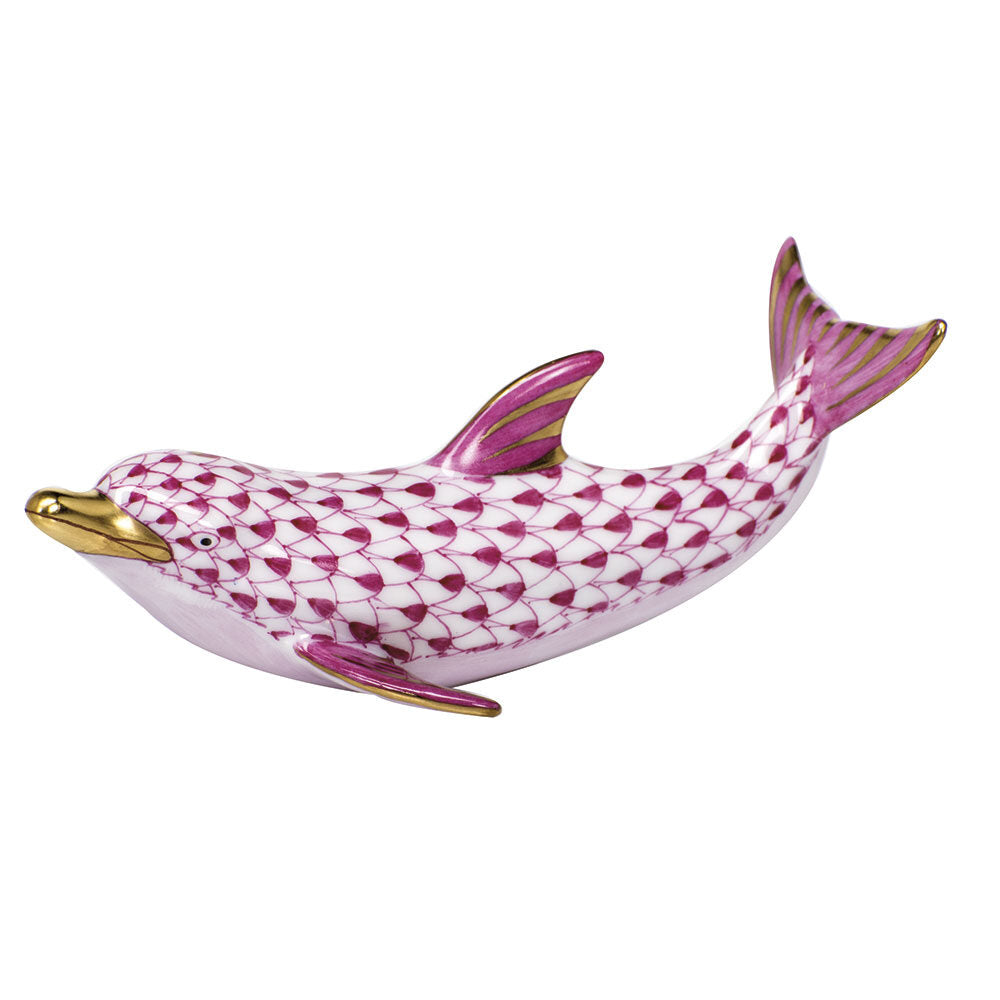 Playful Dolphin Figurine in hand-painted Raspberry porcelain by Herend of Hungary