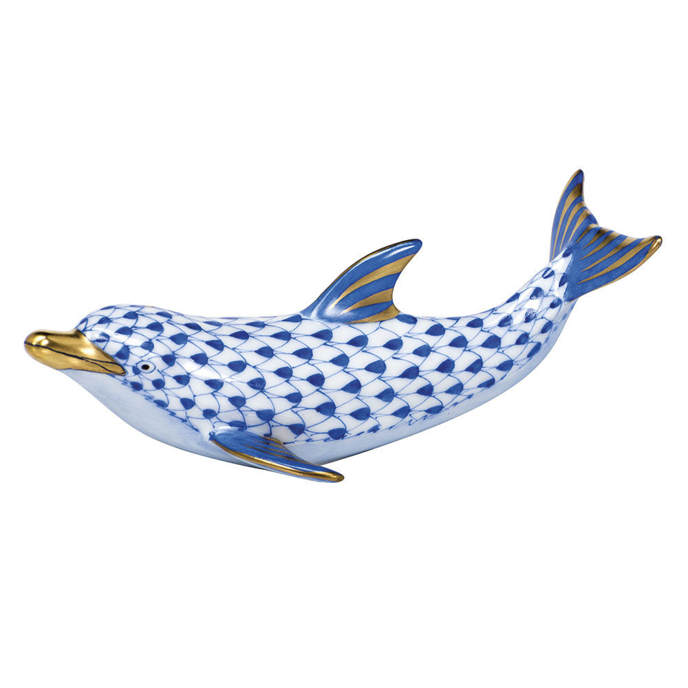 Playful Dolphin Figurine in hand-painted Sapphire porcelain by Herend of Hungary