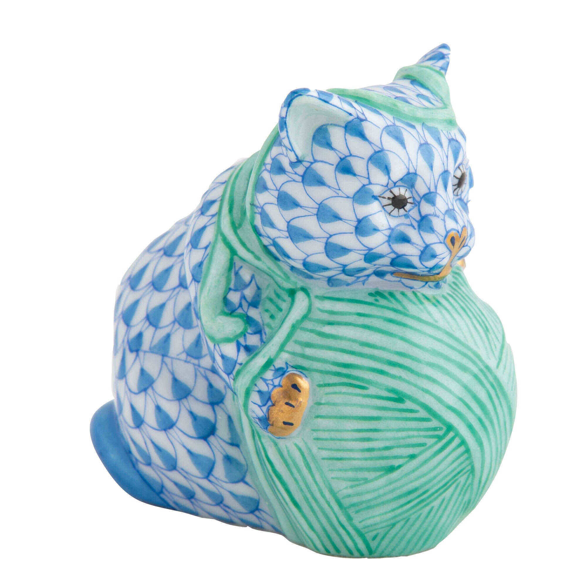 Hand-painted Herend Playful Kitten Figurine in Blue fishnet porcelain on a white background