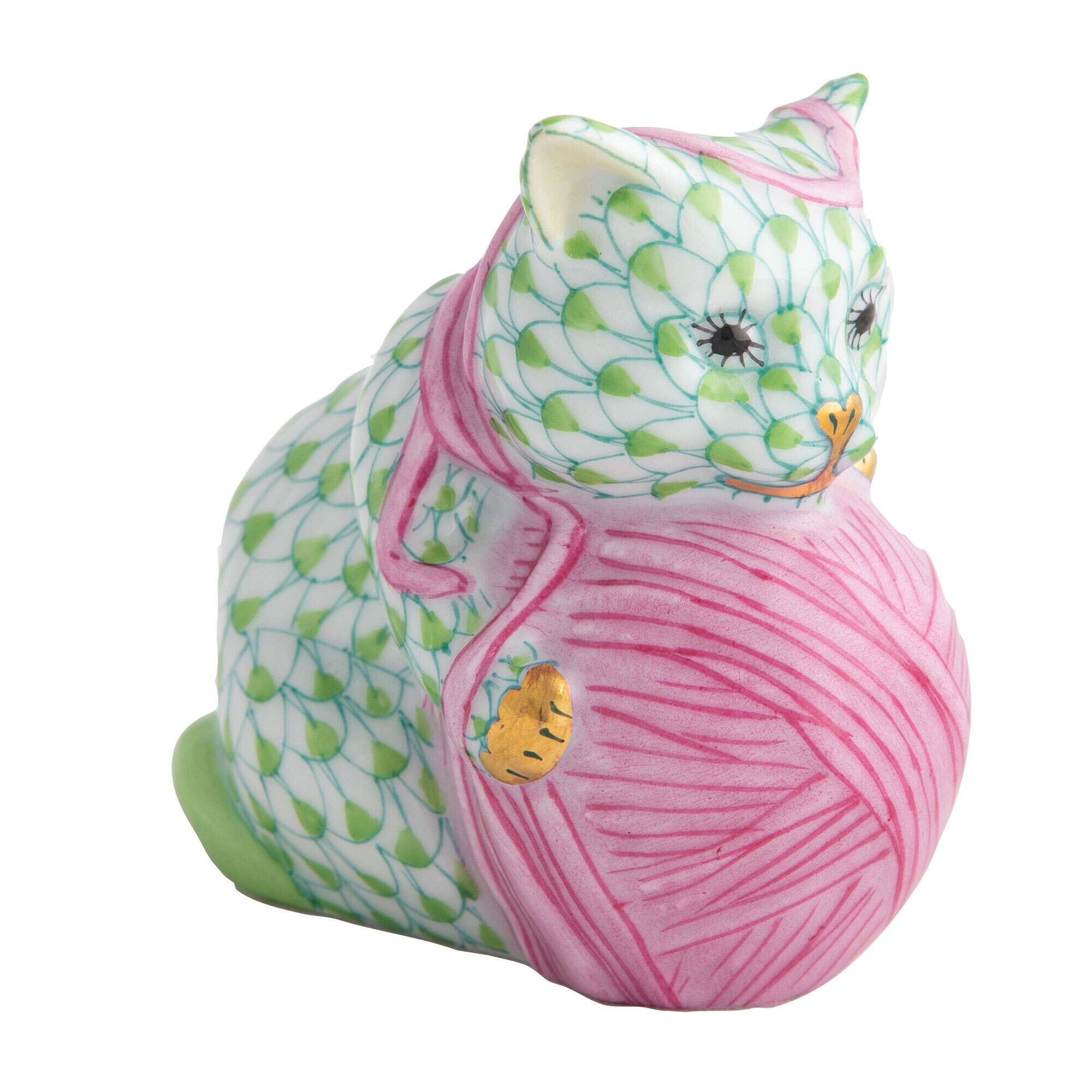 Playful Kitten Figurine in hand-painted Key Lime porcelain by Herend of Hungary