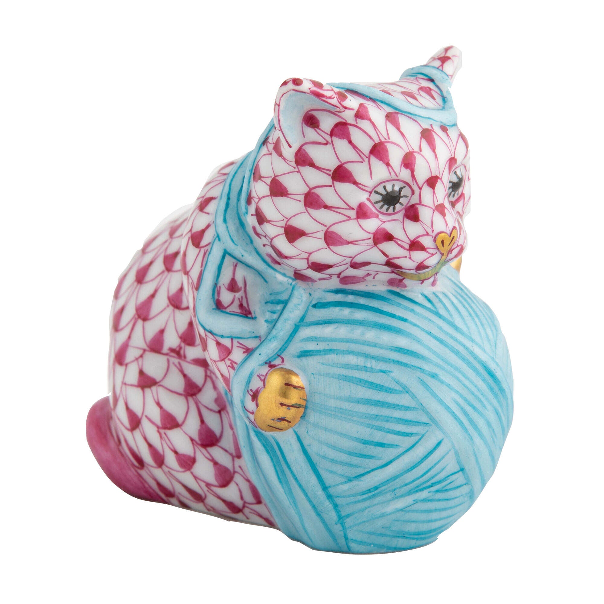 Herend Playful Kitten Figurine porcelain figurine painted in the Raspberry fishnet pattern