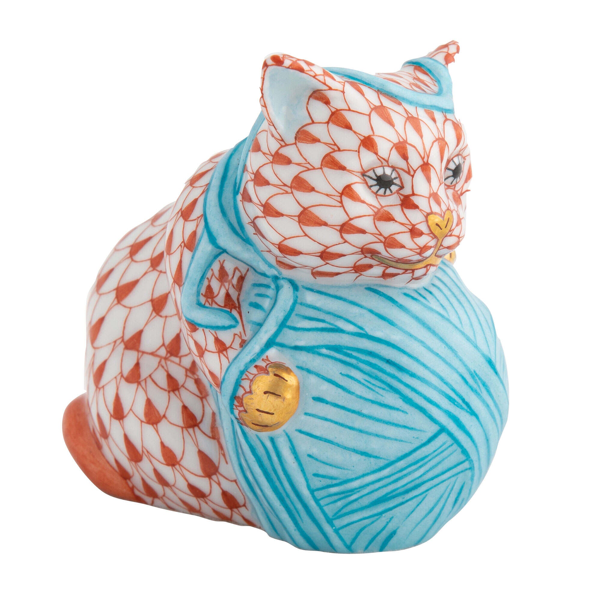 Herend Playful Kitten Figurine porcelain figurine painted in the Rust fishnet pattern