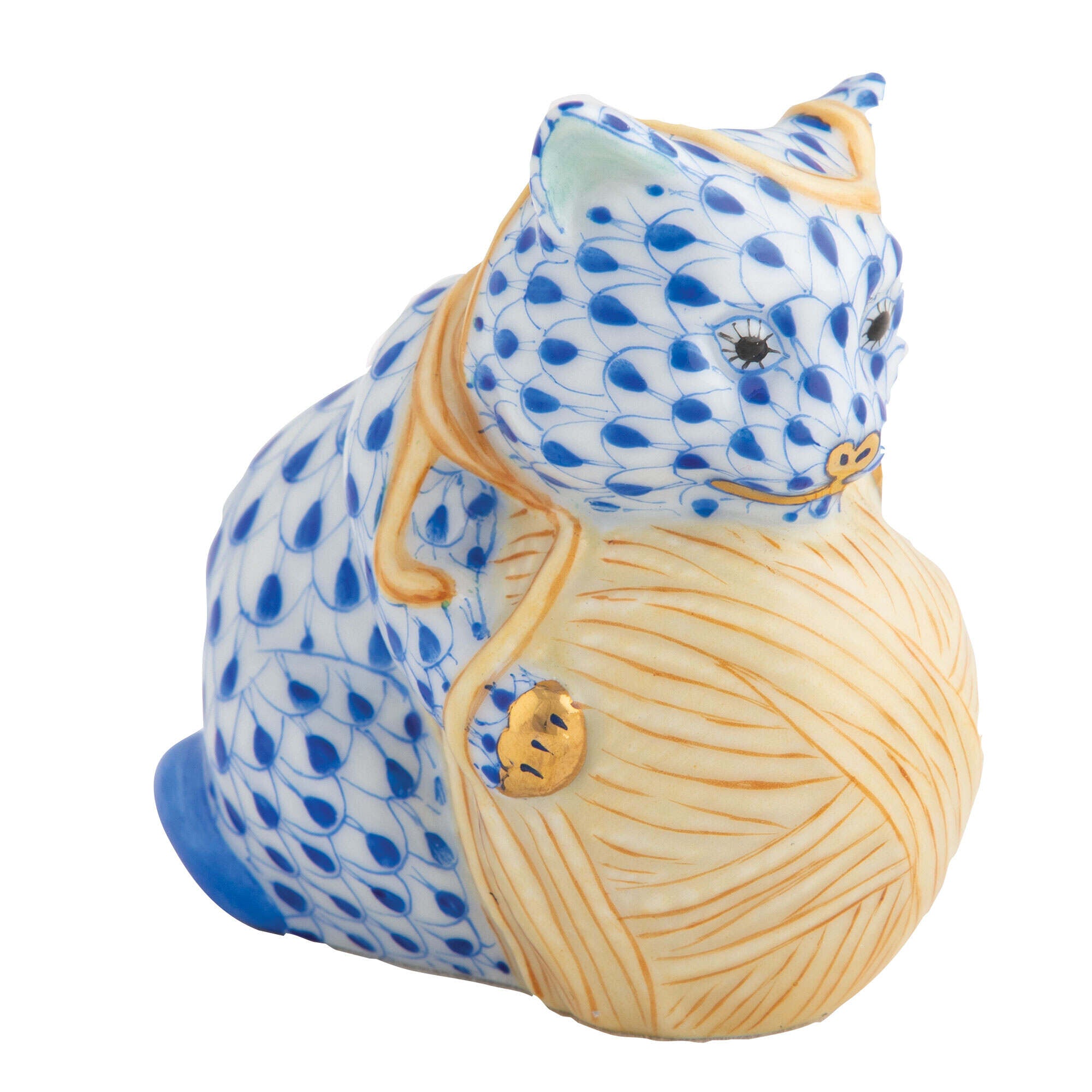 Herend Playful Kitten Figurine porcelain figurine painted in the Sapphire fishnet pattern