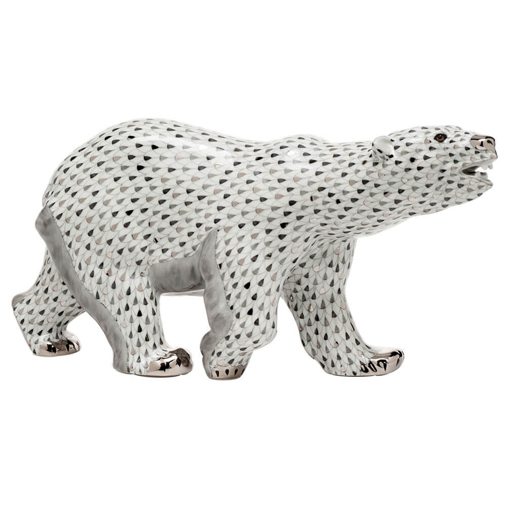 Hand-painted Herend Polar Bear Figurine in fine porcelain, 16in L X 7.75in H, on a white background