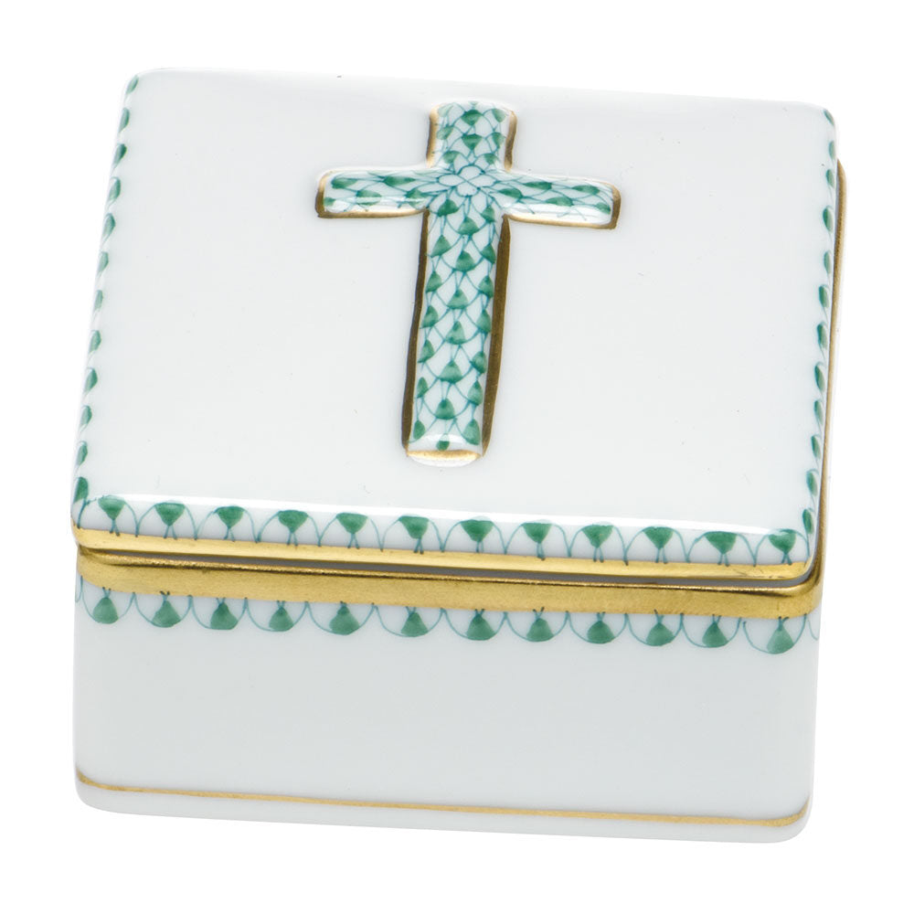Green fishnet Prayer Box figurine, hand-painted Herend porcelain with 24k gold accents