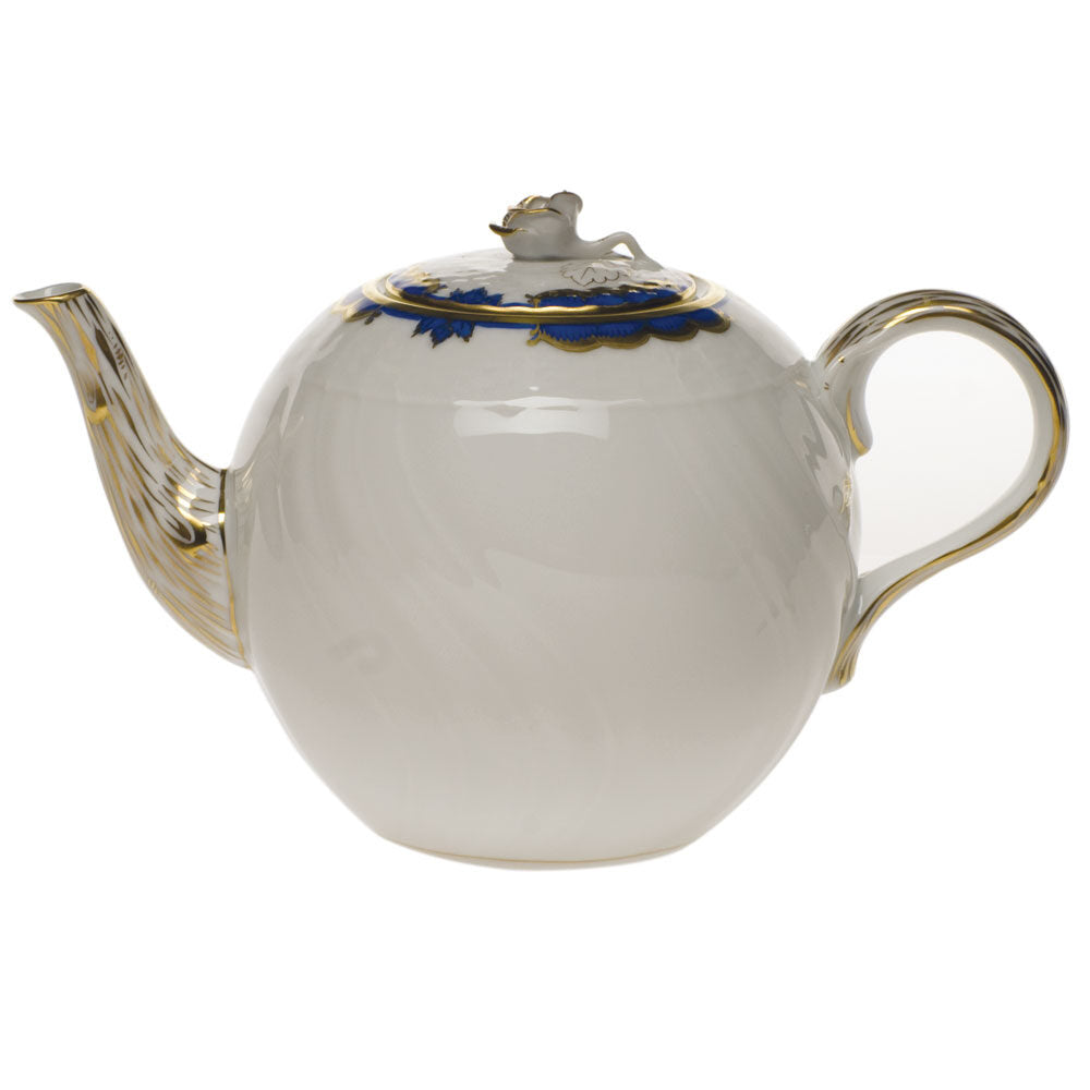 Hand-painted Herend Princess Victoria Blue Tea Pot with Rose Teapot in fine porcelain, (36 OZ) 5.5in H, on a white background