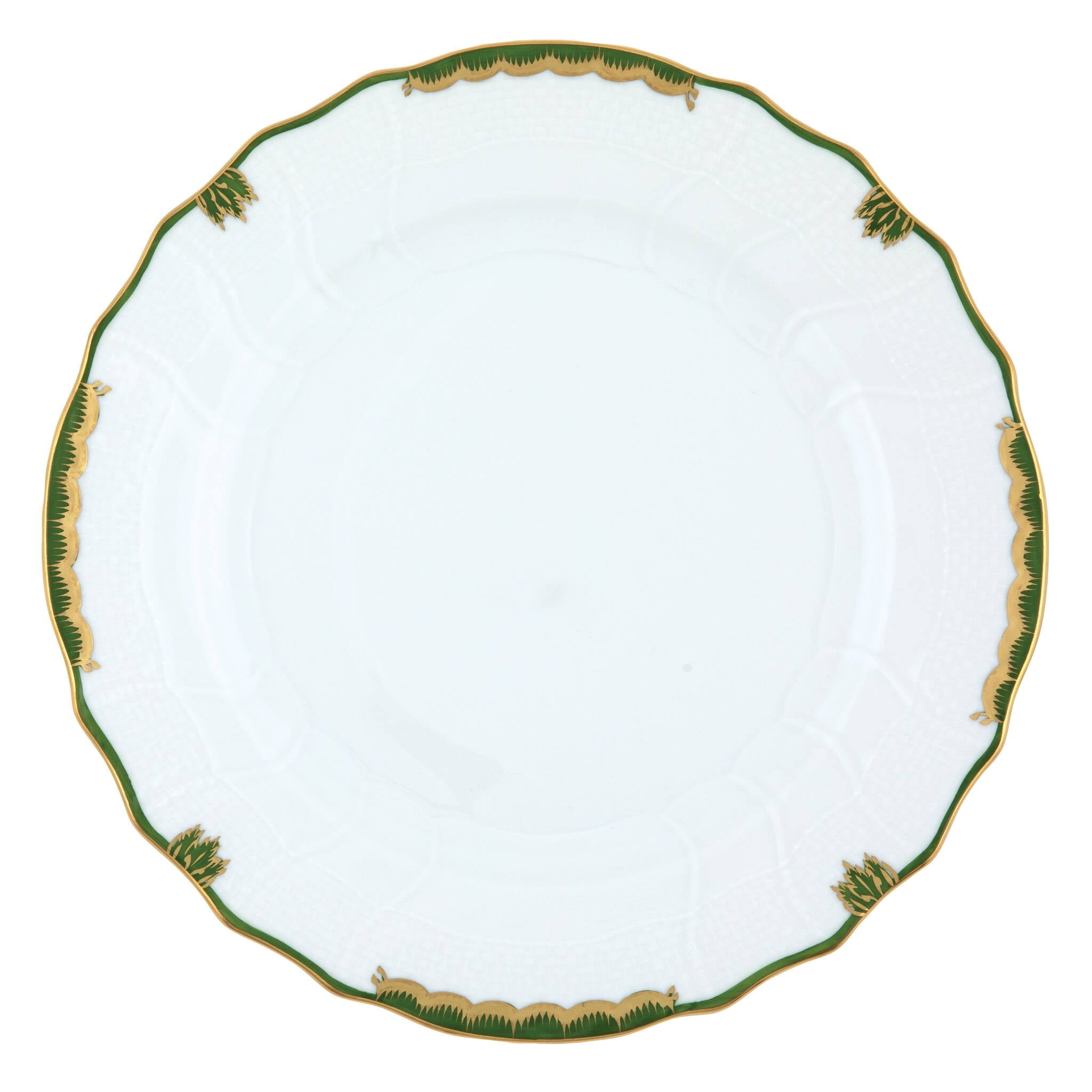 Hand-painted Herend Princess Victoria Dark Green Dinner Plate in fine porcelain, 10.5in D, on a white background