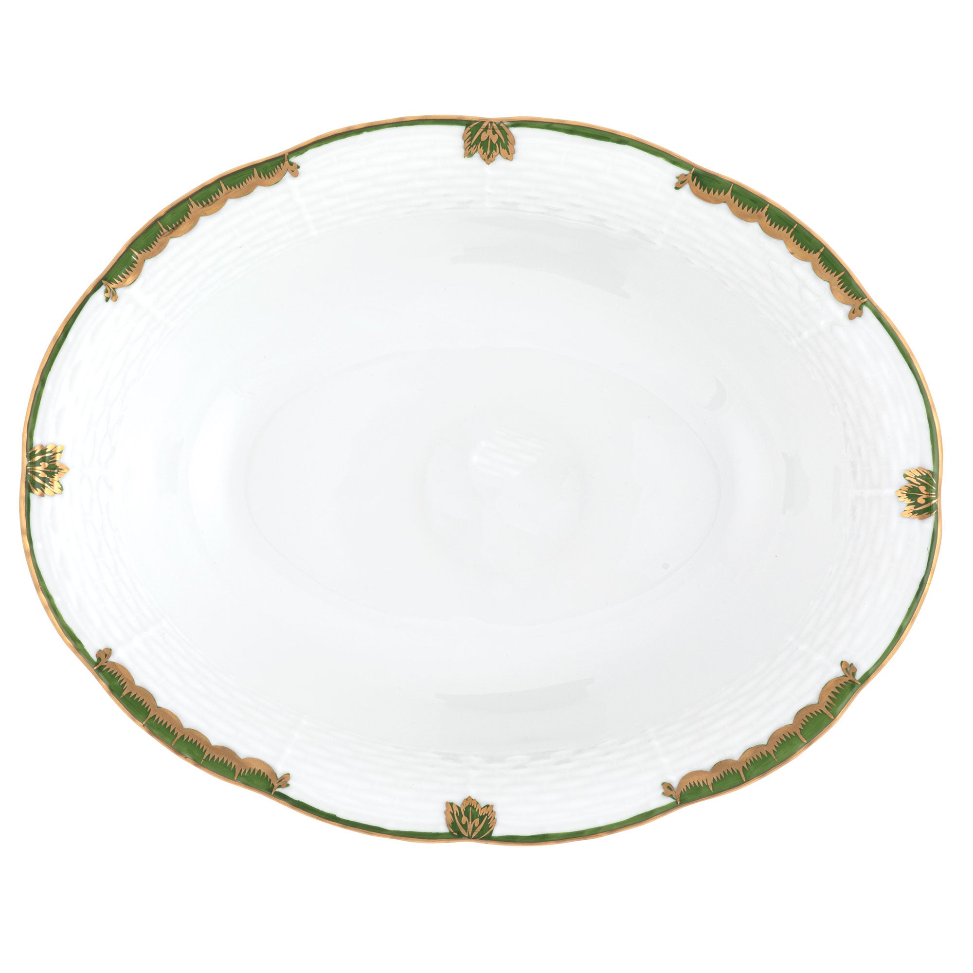 Hand-painted Herend Princess Victoria Dark Green Oval Vegetable Dish Serving Bowl in fine porcelain, 10in L X 8in W, on a white background
