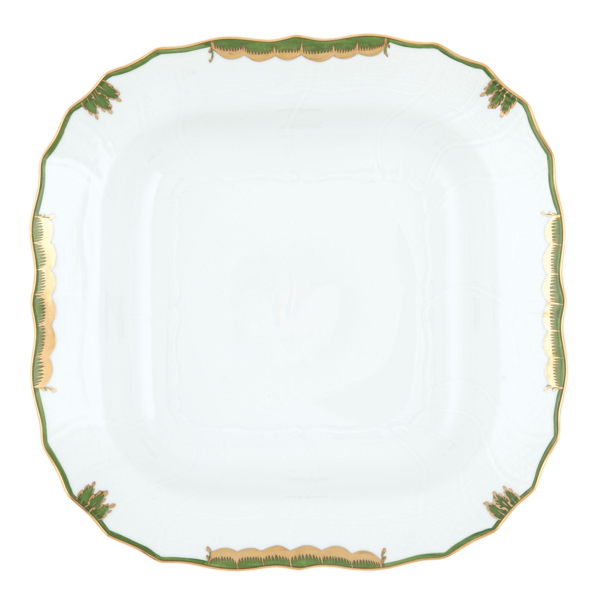 Hand-painted Herend Princess Victoria Dark Green Square Fruit Dish in fine porcelain, 11in SQ, on a white background