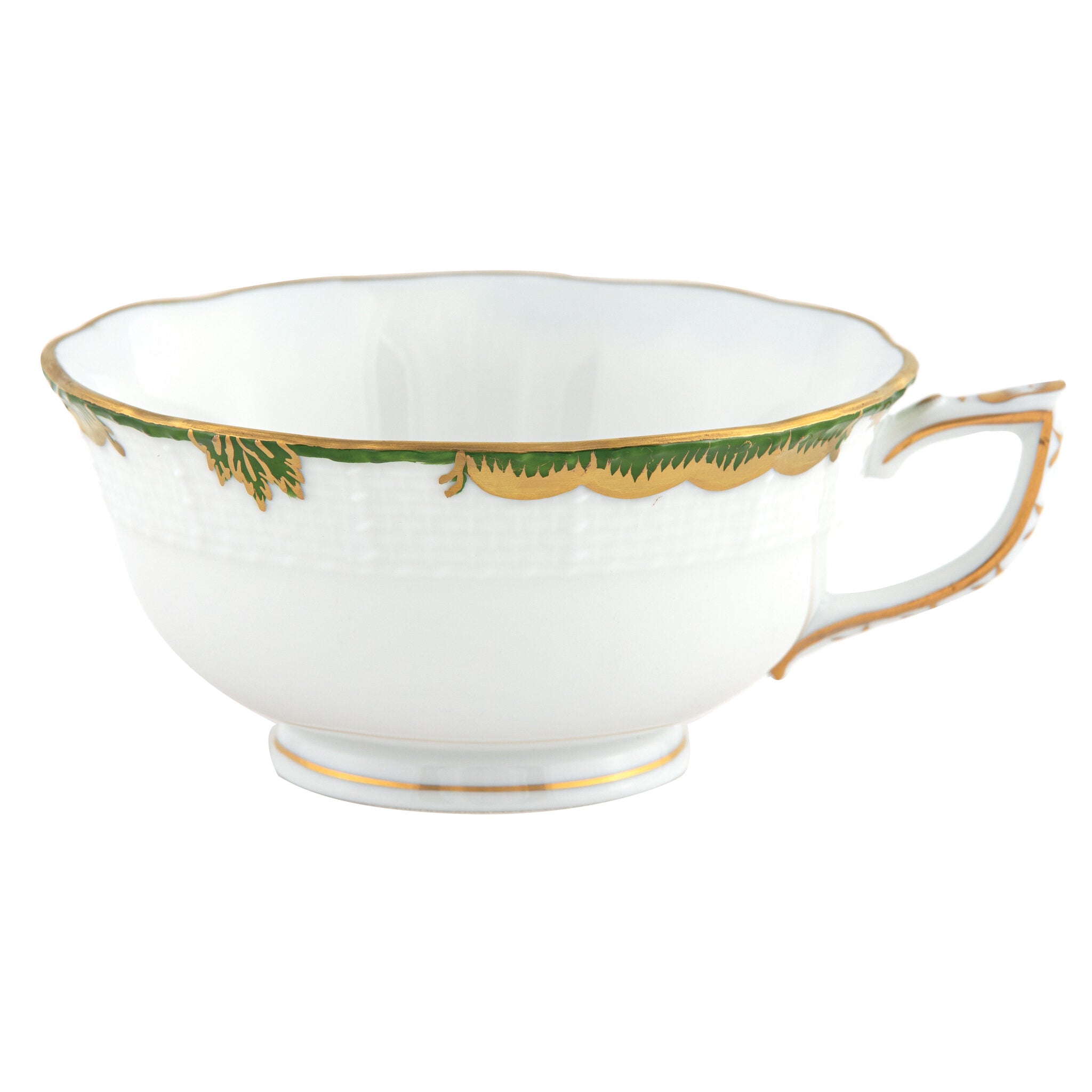 Hand-painted Herend Princess Victoria Dark Green Tea Cup Cup & Saucer Set in fine porcelain, on a white background