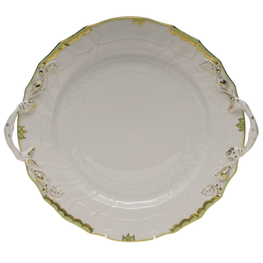 Hand-painted Herend Princess Victoria Green Chop Plate with Handles in fine porcelain, 12in D, on a white background