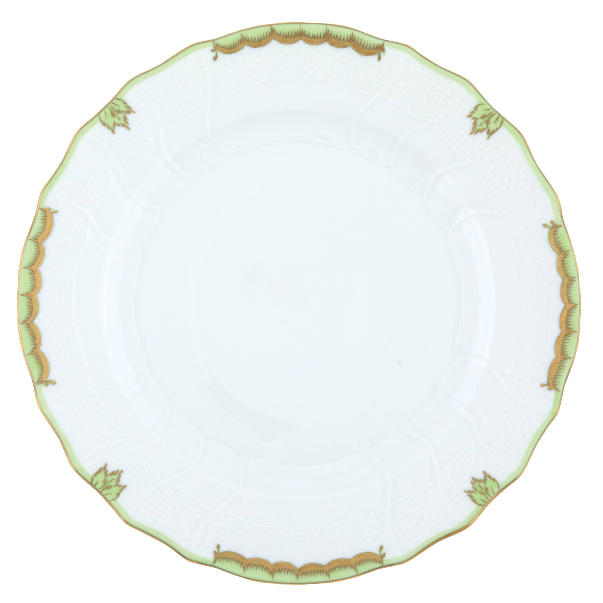 Hand-painted Herend Princess Victoria Green Dinner Plate in fine porcelain, 10.5in D, on a white background