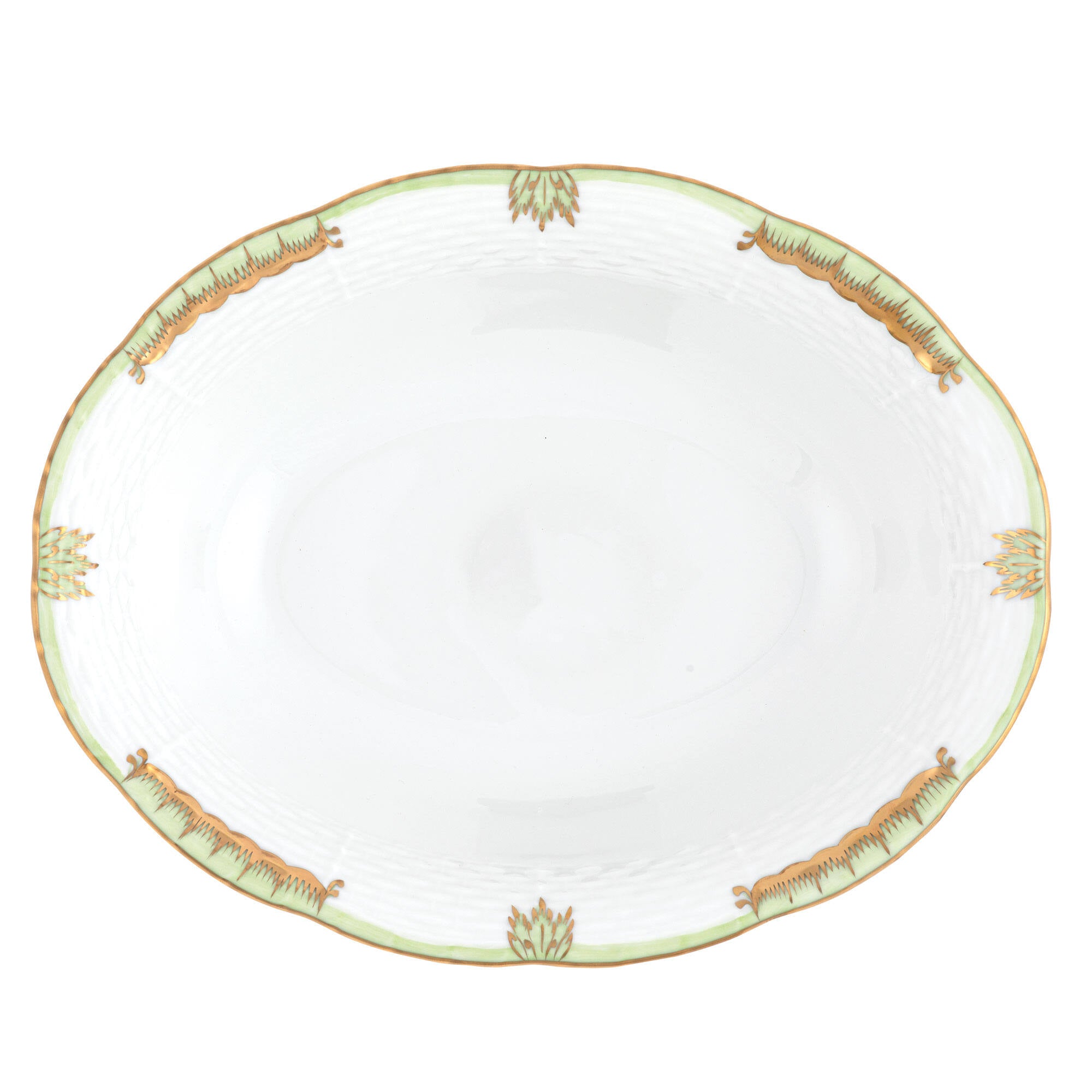 Hand-painted Herend Princess Victoria Green Oval Vegetable Dish Serving Bowl in fine porcelain, 10in L X 8in W, on a white background