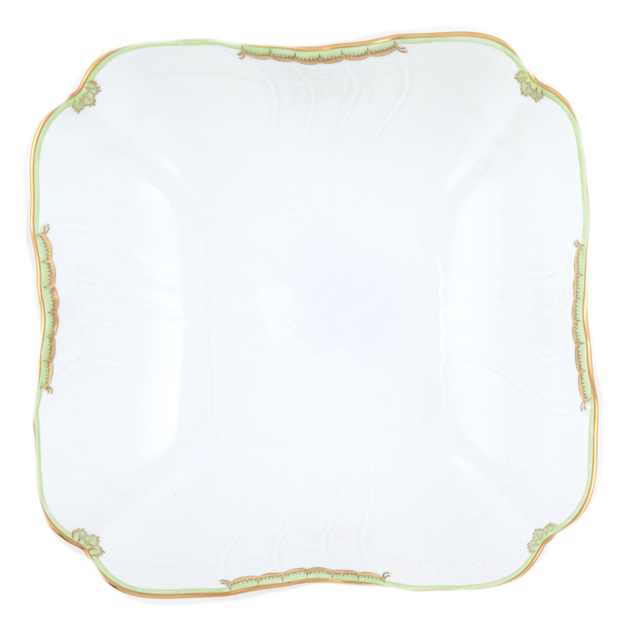 Hand-painted Herend Princess Victoria Green Square Salad Bowl in fine porcelain, 10in SQ, on a white background