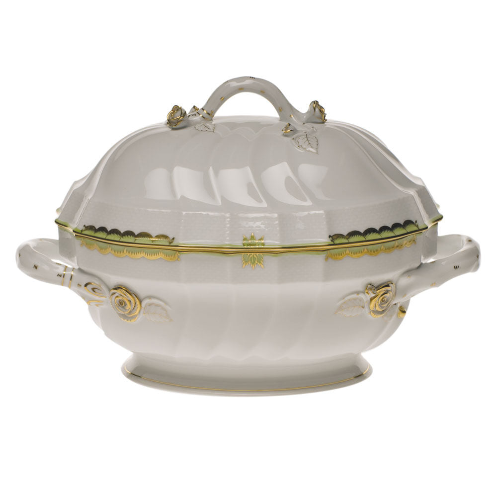Hand-painted Herend Princess Victoria Green Tureen with Branch in fine porcelain, (2 QT) 9.5in H, on a white background