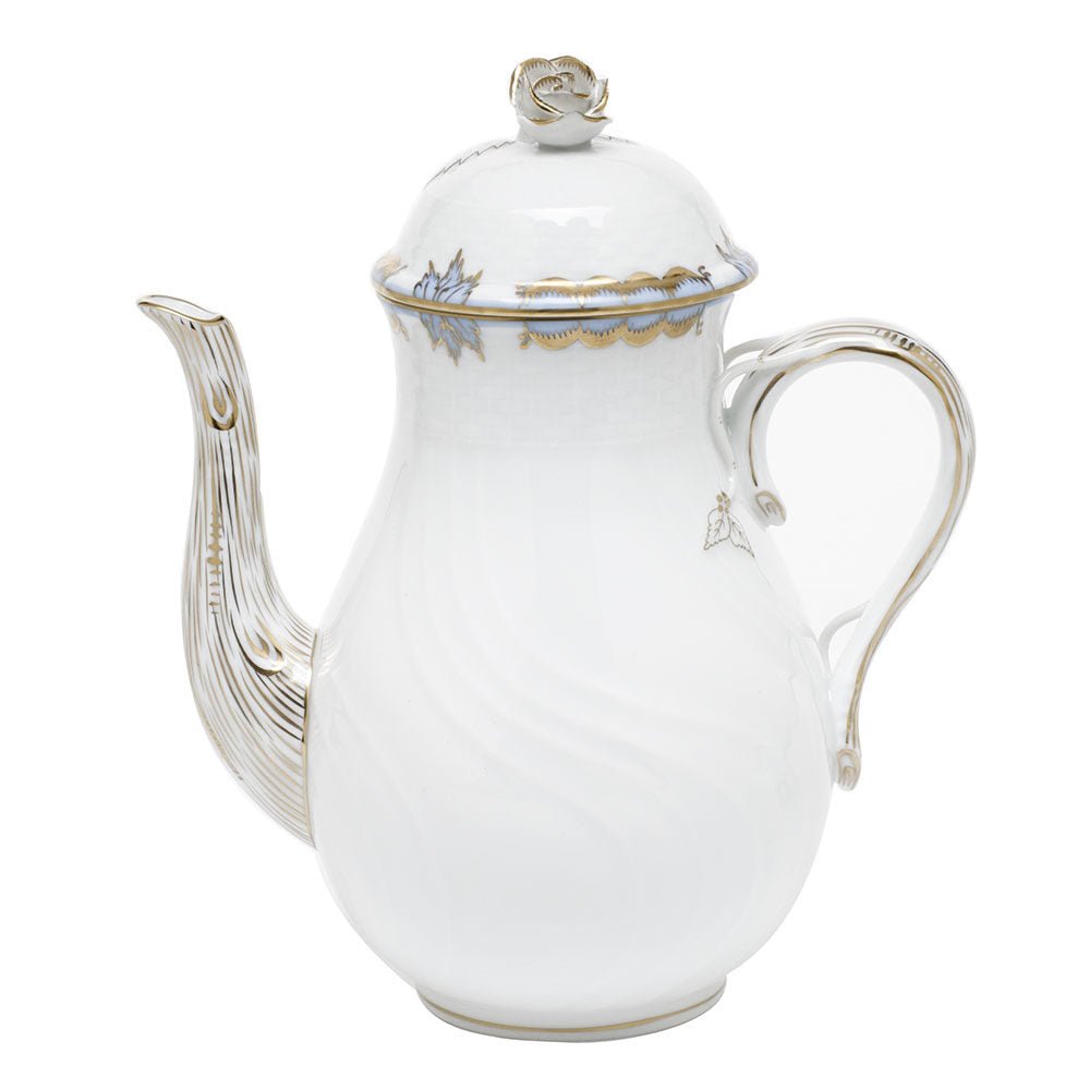 Hand-painted Herend Princess Victoria Light Blue Coffee Pot with Rose Coffeepot in fine porcelain, (36 OZ) 8.5in H, on a white background